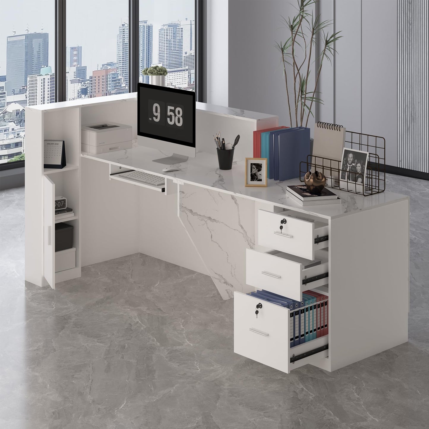 L-Shaped Reception Desk with Lockable Drawers, Adjustable File Cabinet & Keyboard Tray, Modern Front Counter for Office, Salon, or Lobby (Right-L Marble White/White, 86.6''L x 23.6''W x 41.3''H)