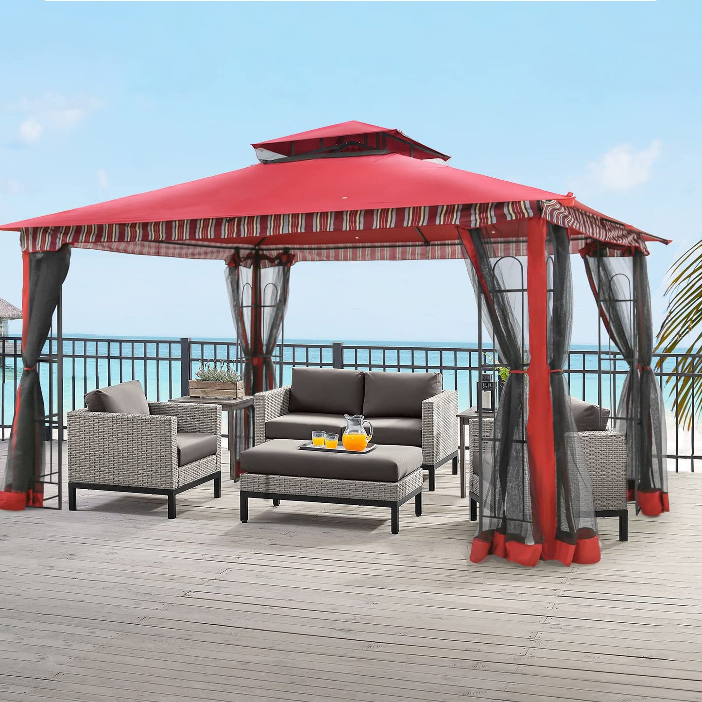 Gardenbee 13x11 Ft Canopy Gazebo with Netting, Double Roof Canopy Shelter with Frame for Outdoors, Patio/Deck/Garden/Yard/Poolside, Red
