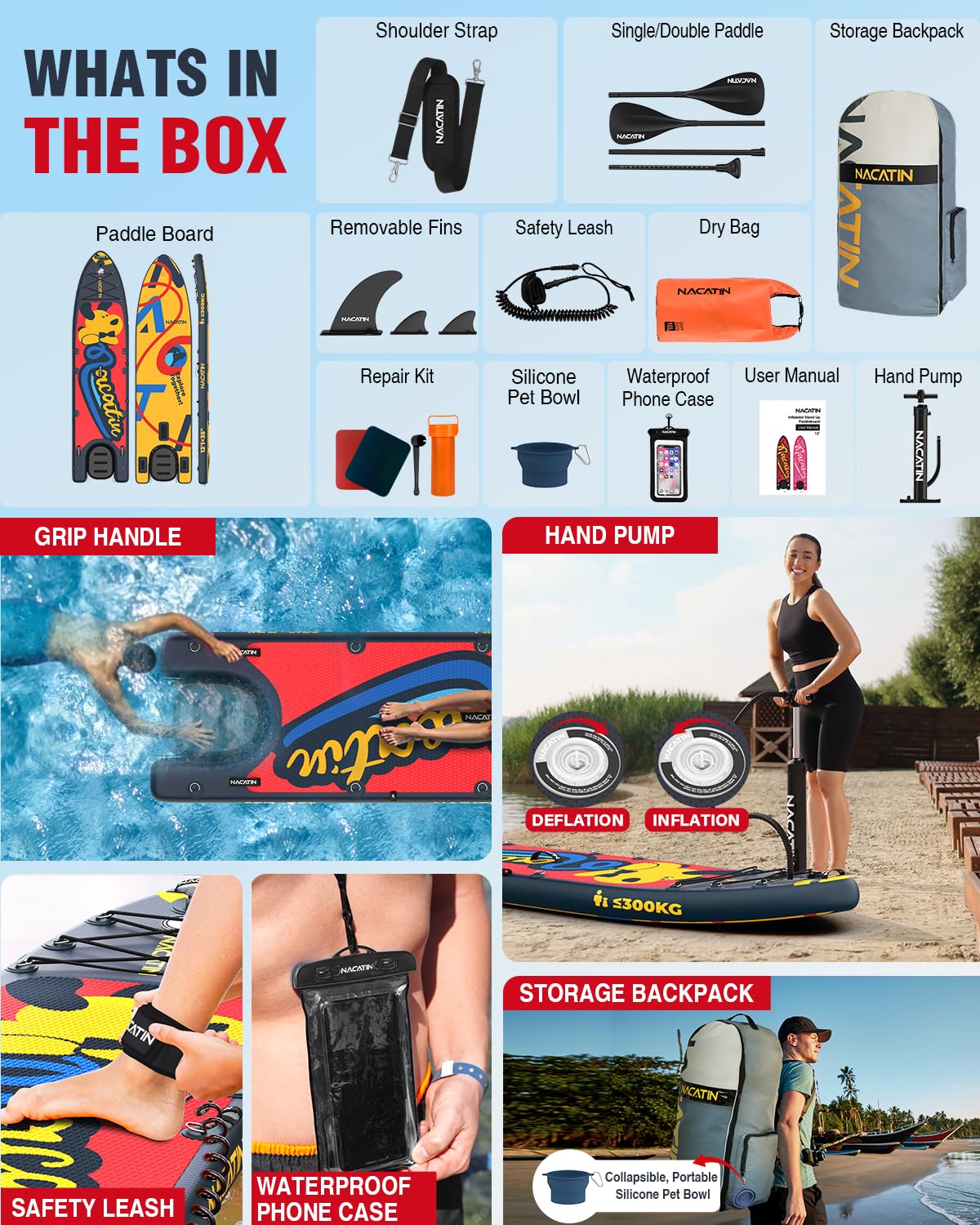 NACATIN Inflatable Stand Up Paddle Board - Premium SUP Board with Dog Ramp Kit, Complete SUP Set Paddle Boards for Adults with Single/Double Paddle, Backpack, Suitable for Paddle Boarding with Dog