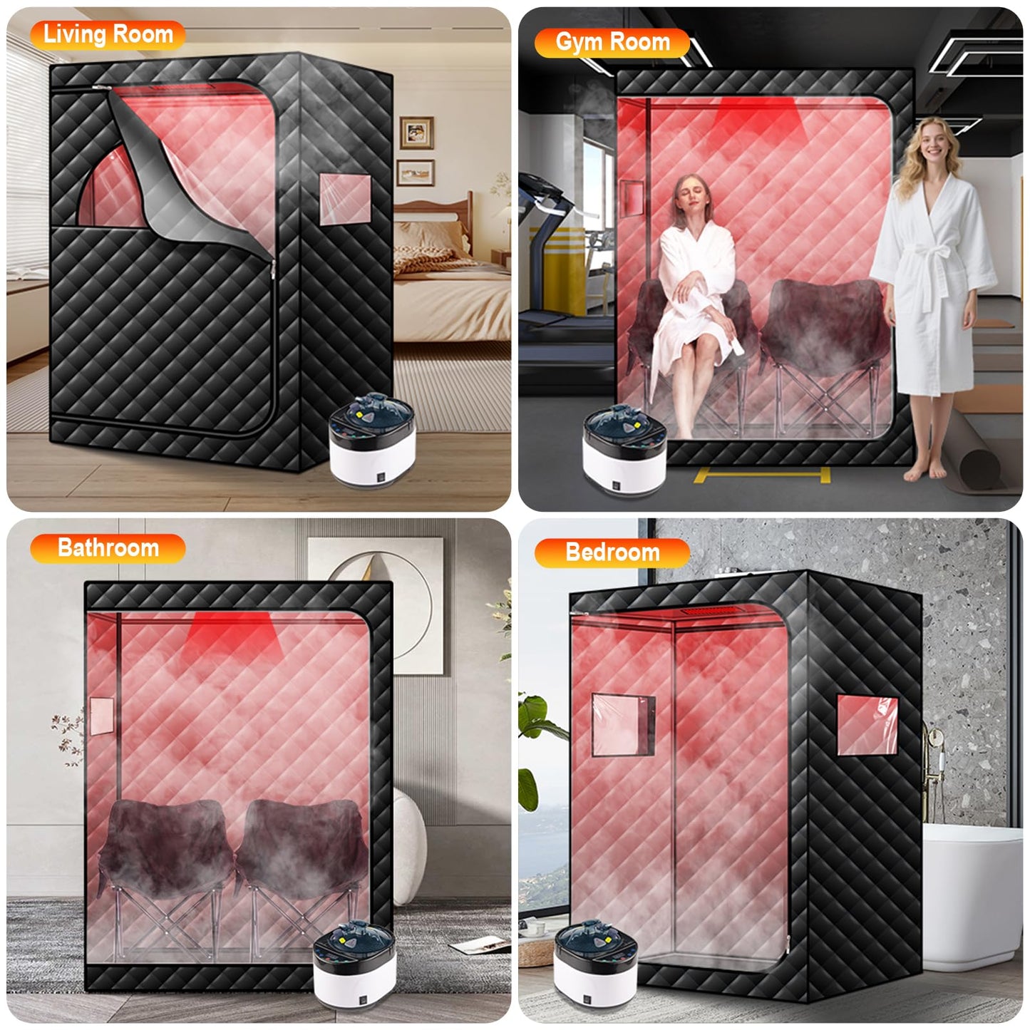 amocane 2 Person Portable Steam Sauna, 660nm Red Light Therapy Sauna with Remote Control, Full Body Infrared Saunas Tent with 4L Steamer & 2 Chairs Full Size Sauna for Home Spa