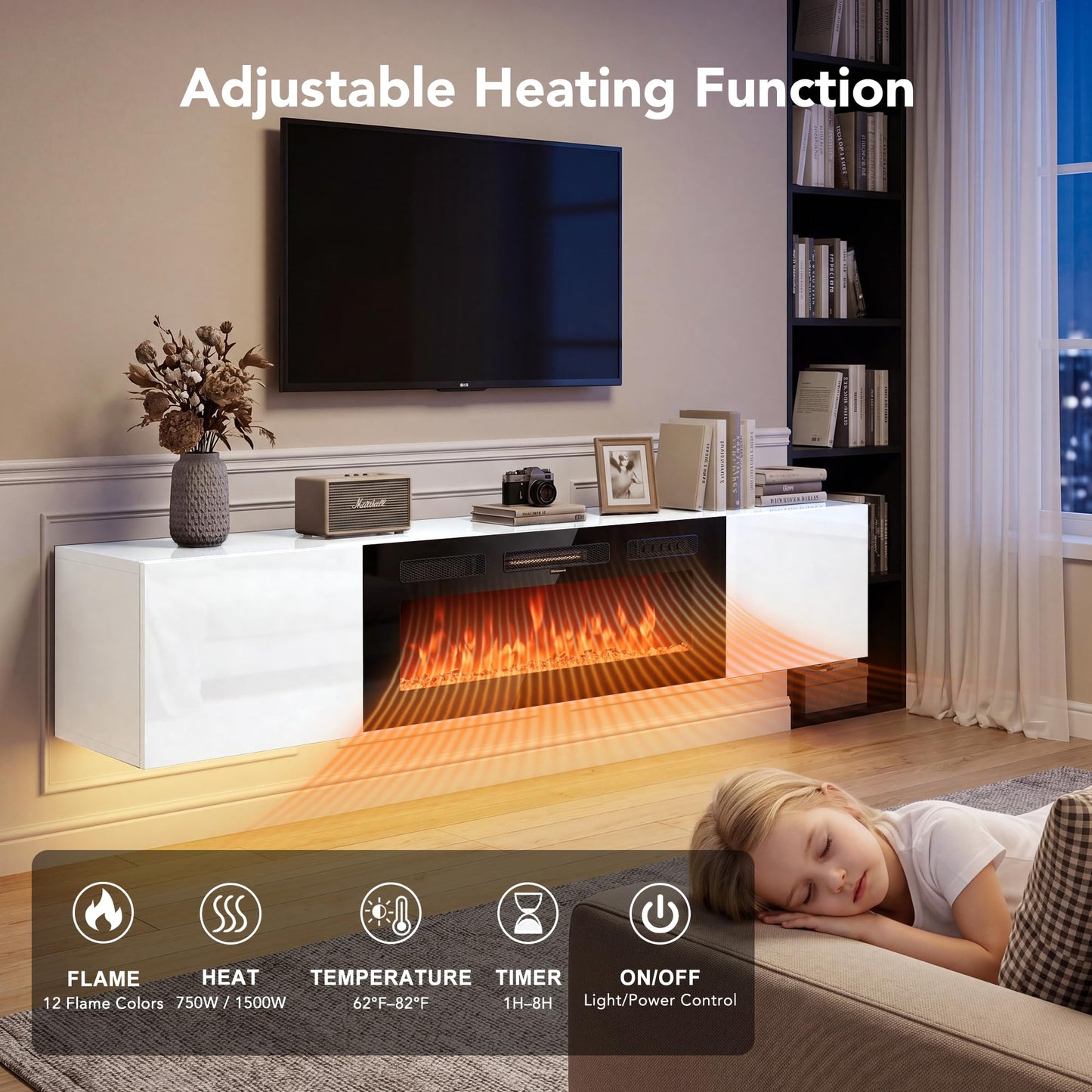 OneBlis 70" Floating TV Stand, Wall-Mounted Entertainment Center with 36" Electric Fireplace, Fits TVs Up to 80 Inches, Media Console with LED Lights for Living Room, White+Black