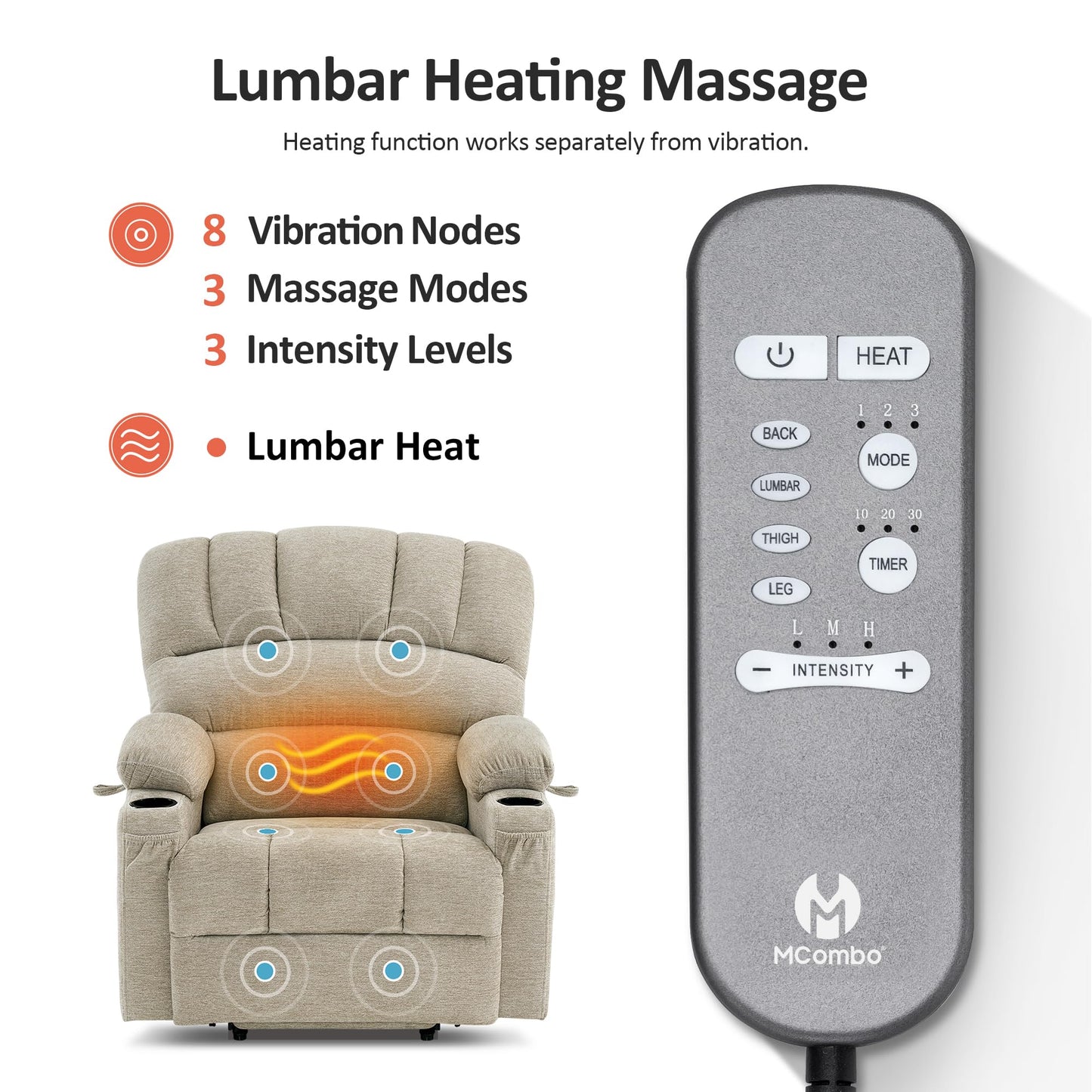 MCombo Power Lift Recliner Chair for Elderly, Lift Chair with Heat and Massage, Extra Wide Lift Recliner for Big People, Fabric R7096 (Medium-Wide, Beige)