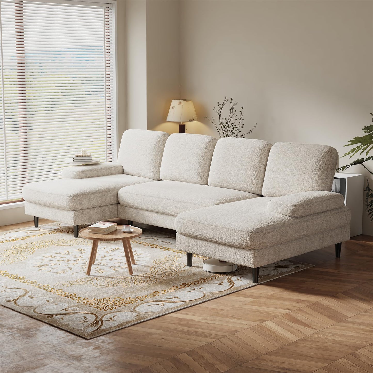 DUMOS Sectional Couches for Living Room, U Shaped Couch with Double Chaise Lounge, Modern Chenille Fabric 4-Seat Couch with Removable Pillows for Apartment/Small Space, Beige