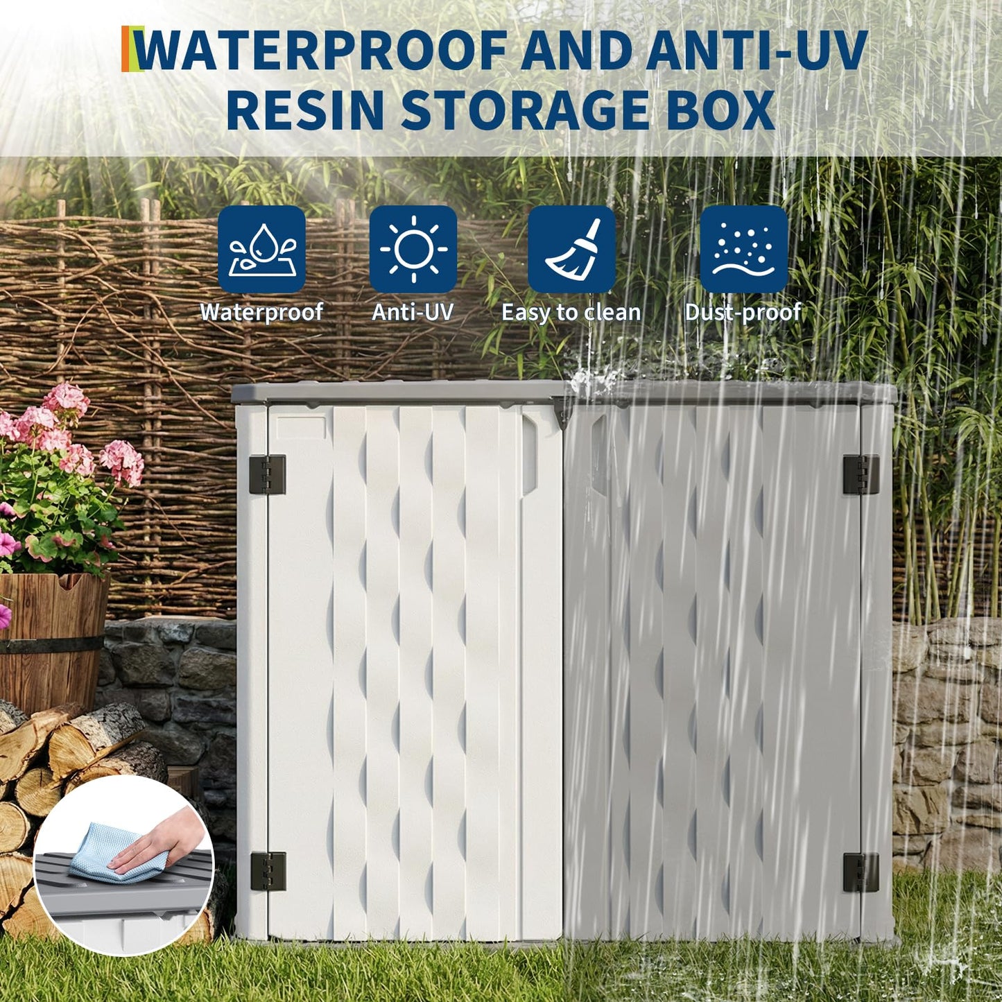 35Cu ft Outdoor Resin Storage Cabinet, Outdoor Trash Can Storage Waterproof, Outdoor Resin Storage Box for Patio Tools, Sofa Cushion, Lawn Mower and Garbage Cans