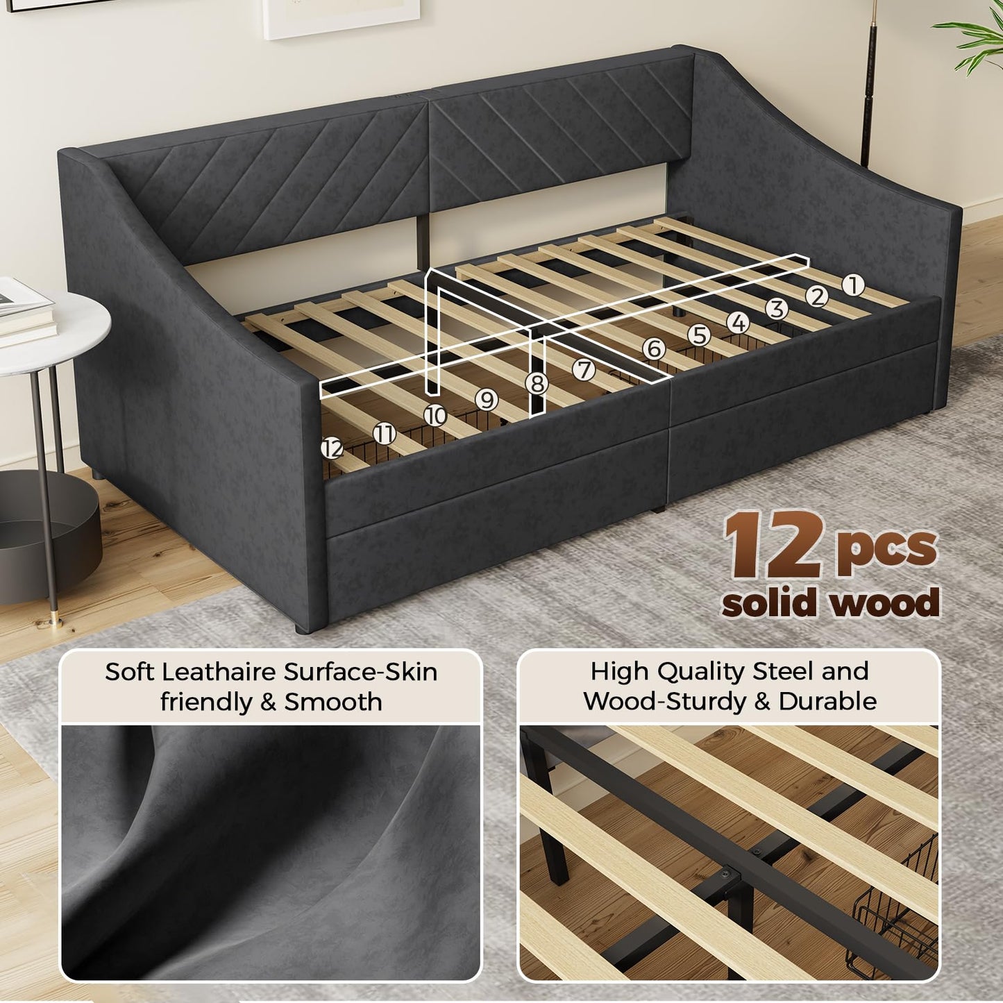 Mashomdec Twin Size Daybed with 2 Storage Drawers, Upholstered Daybed Frame with Charging Station, Heavy Duty Sofa Bed for Bedroom, Living Room, No Box Spring Needed,Easy Assembly