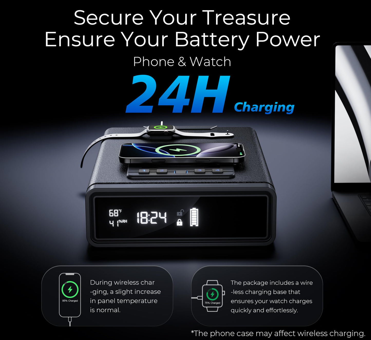 ORARAER Biometric Safe with Wireless Charging, 3 Access Methods to Unlock, Nightstand Drawer Safe LED Display with Humidity & Temp, Money Box for Cash and Valuables,Birthday Gifts for Men