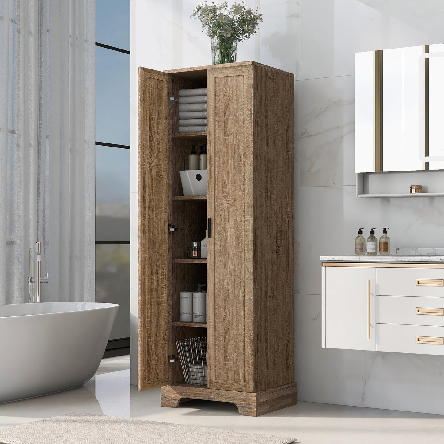 Jintop 71.2" Freestanding Waterproof Storage Cabinet with Two Doors,Wooden Kitchen Pantry Cupboard w/Adjustable Shelf & MDF Board w/Painted Finish,for Bathroom Office Living Room,Brown