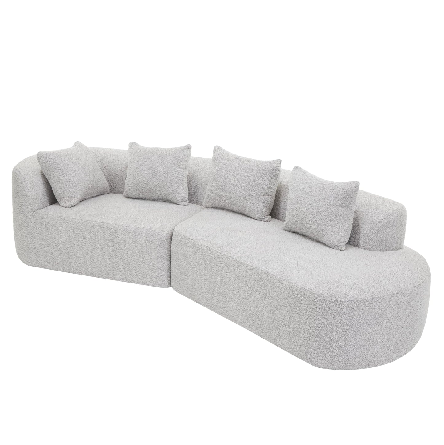 Merax 116" Curved Polyester Sectional Sofa, Modern Pearl Upholstery 3 Seat Cloud Couch with Chaise Lounge & 4 Pillows for Living Room, White+Gray