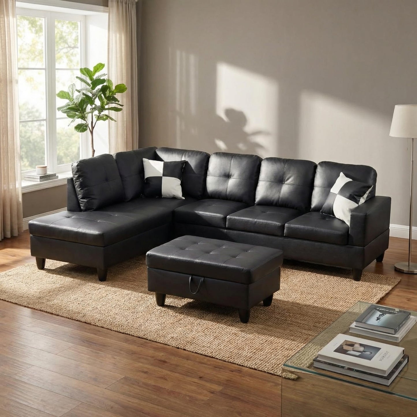 Trygoal 103.5" Modular Leather Sectional Sofa, 4-Seat L-Shaped Couch with Chaise & Storage Ottoman, 3-Piece Convertible Living Room Furniture Set for Apartment Office, Black