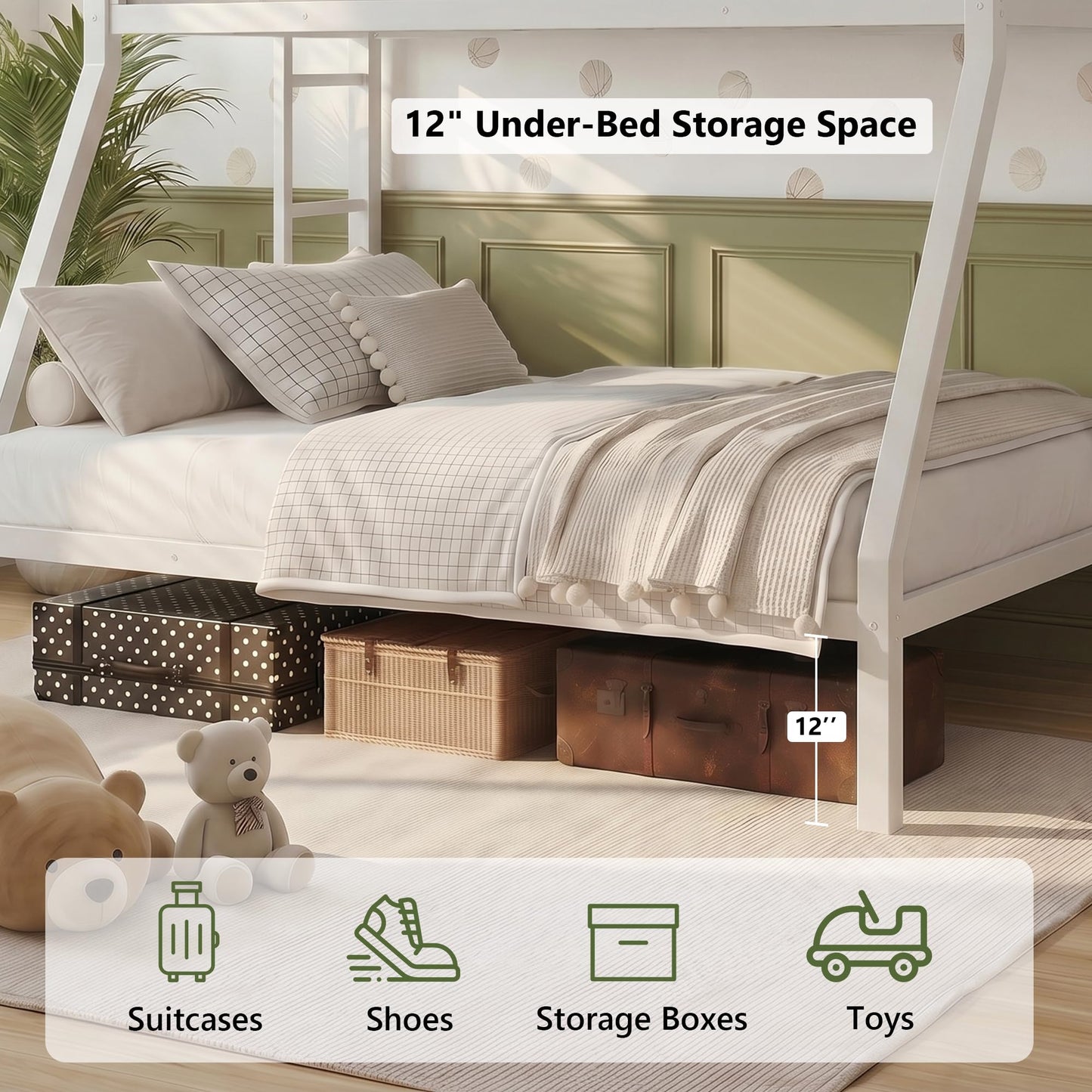 iPormis Heavy Duty Twin Over Full Bunk Beds, Metal Twin Bunk Bed Frame with 12.8" Guardrails, Loft Bed Frame for Kids and Teens, Reversible Ladder, Under Bed Storage Space, No Box Spring Needed, White
