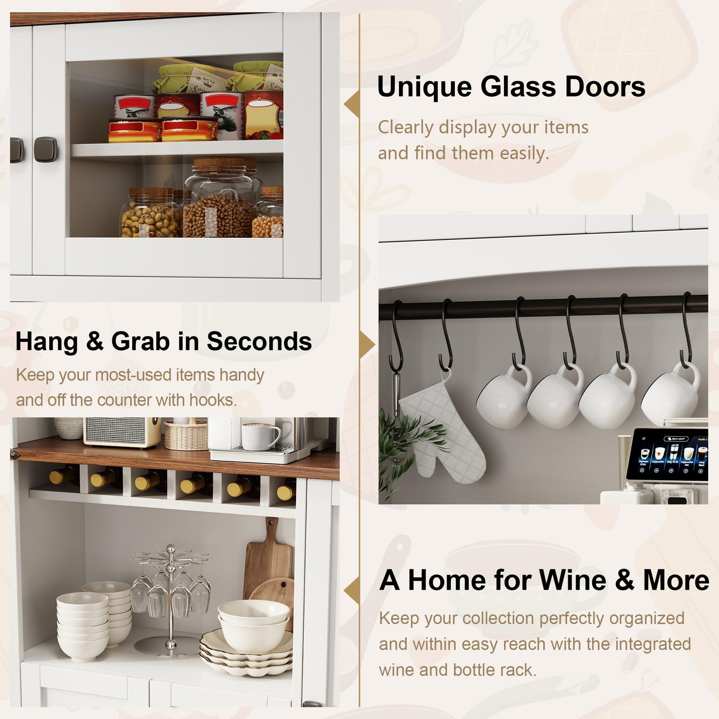 Einhomn 71" Tall Kitchen Pantry Cabinet with Charge Station, 3 Adjustable Shelves, Wine Rack and Glass Door, Kitchen Hutch for Dining Room, Kitchen and Living Room, White