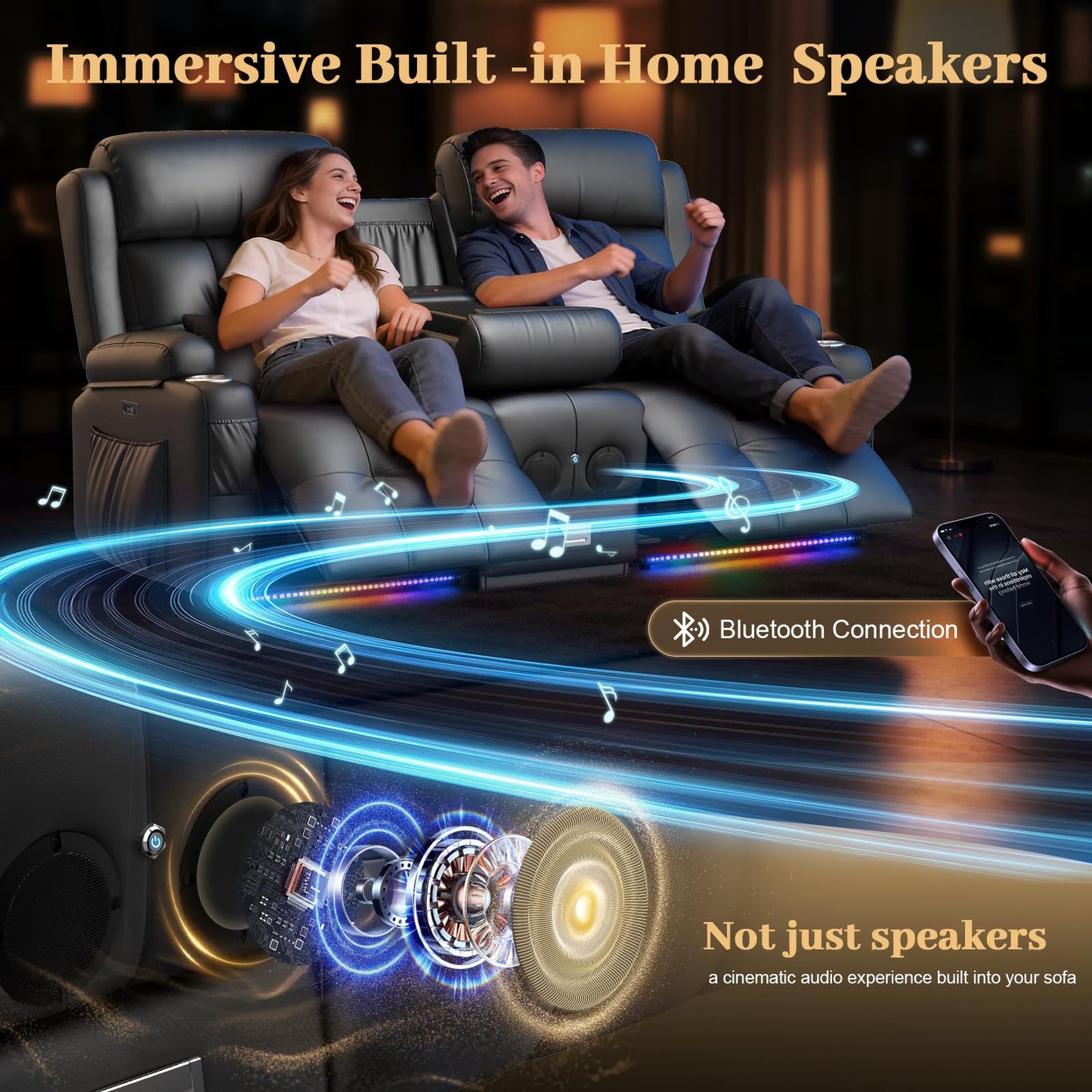 Aotolo Power Reclining Loveseat Sofa with Console, Wall Hugger RV Recliner Couch, Home Theater Seating with Heating & Massage, Bluetooth Speaker, LED Light, USB & Type-C Ports, Storage Armrests