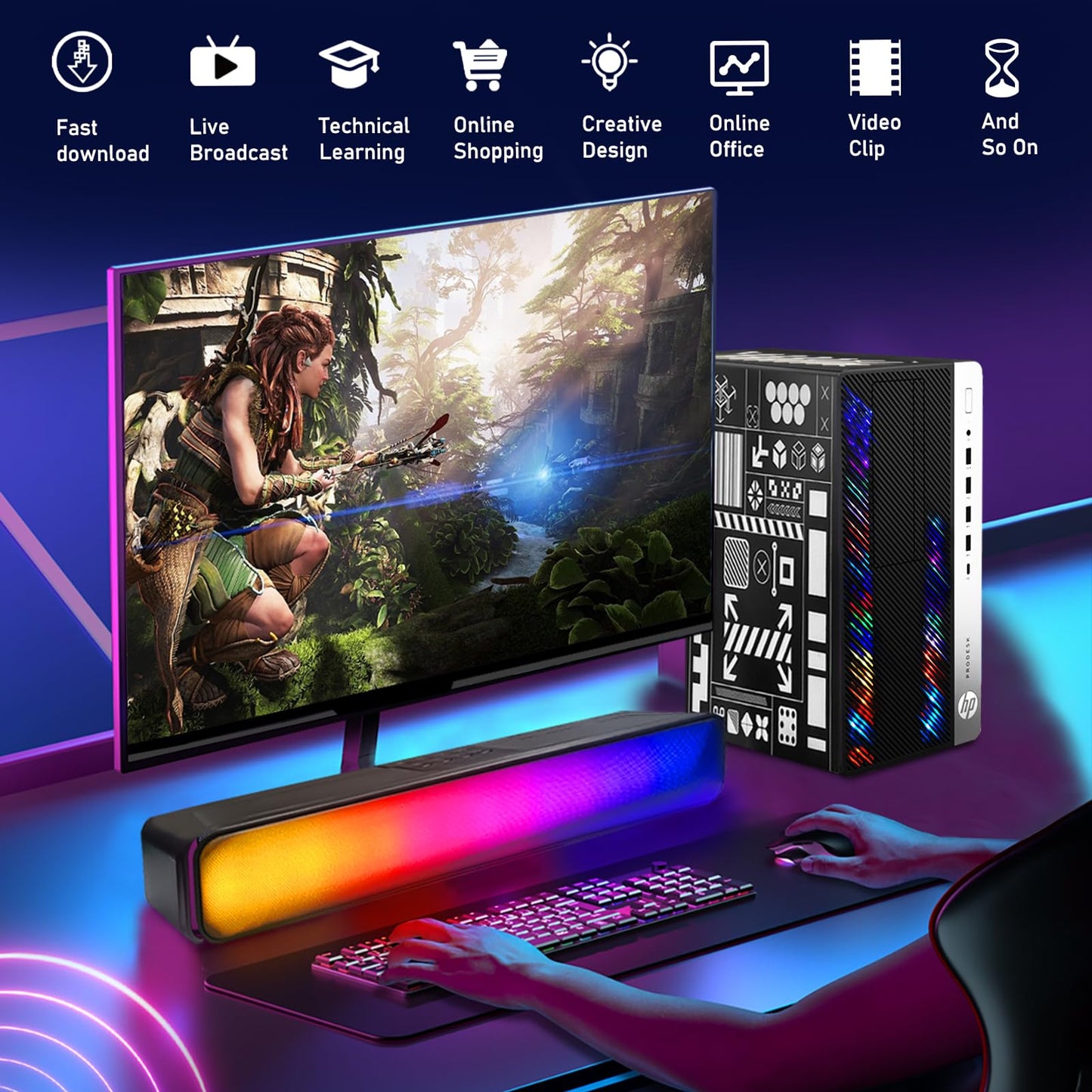 HP RGB Gaming Desktop Computer, Intel Quad Core I5-6500 up to 3.6GHz, GeForce GT 1030 2G, 16GB DDR4, 512G SSD, RGB Keyboard & Mouse, 600M WiFi & Bluetooth 5.0, Windows 11 (Renewed)