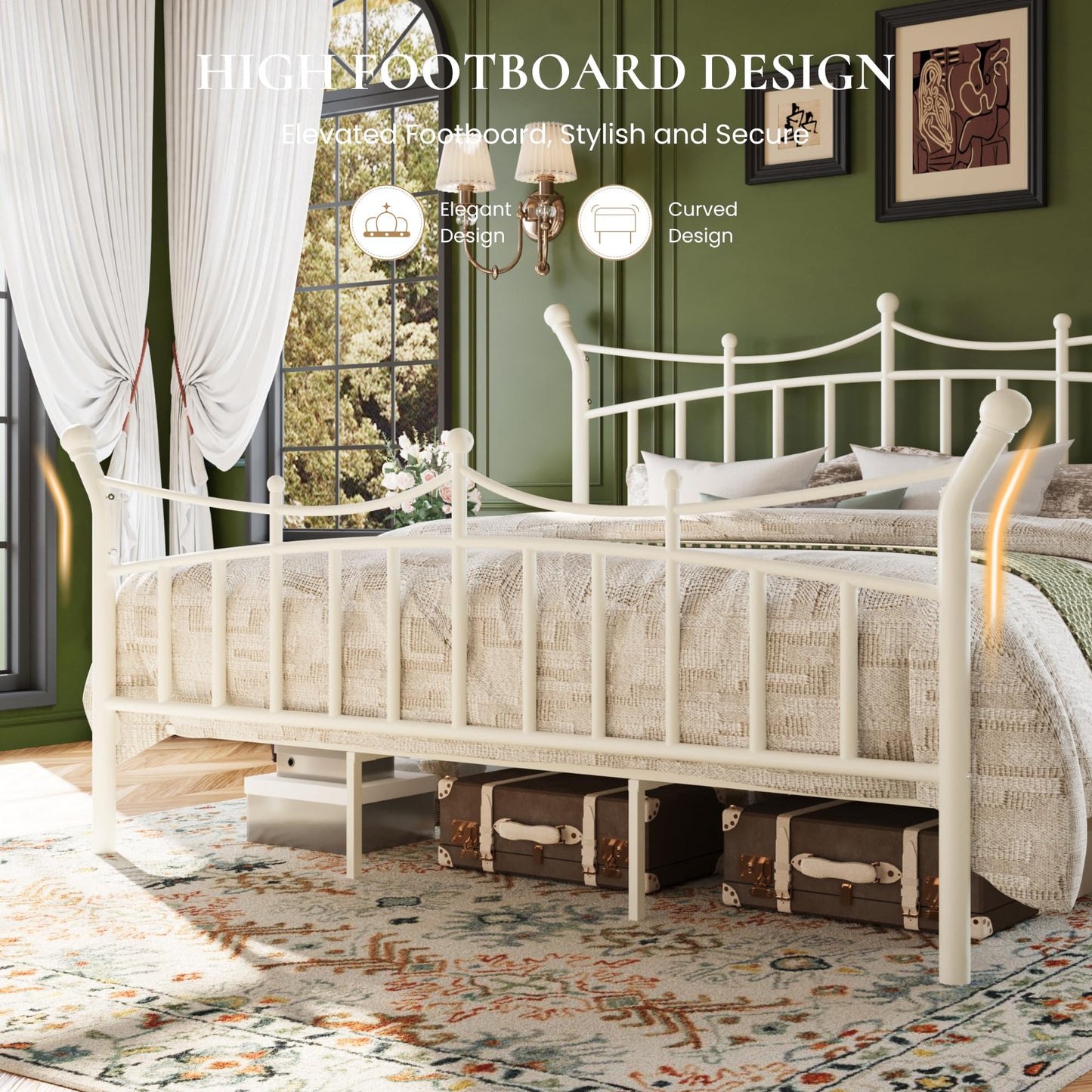 SHA CERLIN 14 Inches King Size Metal Platform Bed Frame with Crown Style Victorian Headboard & Footboard, Ample Under Bed Storage, Noise Free, Easy Assembly, No Box Spring Needed, White