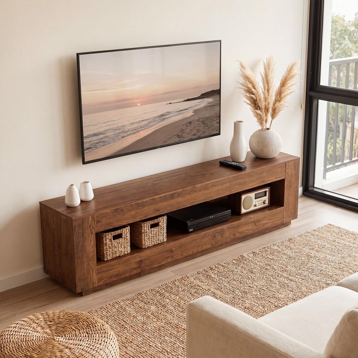 LITTLE TREE 70.86-in Extra Long Solid Wood TV Stand for 55/65/75/85 inch TVs, 2-Tier Entertainment Center, Media Console Table with Storage Shelf, TV Stands for Living Room, Bedroom, Chestnut