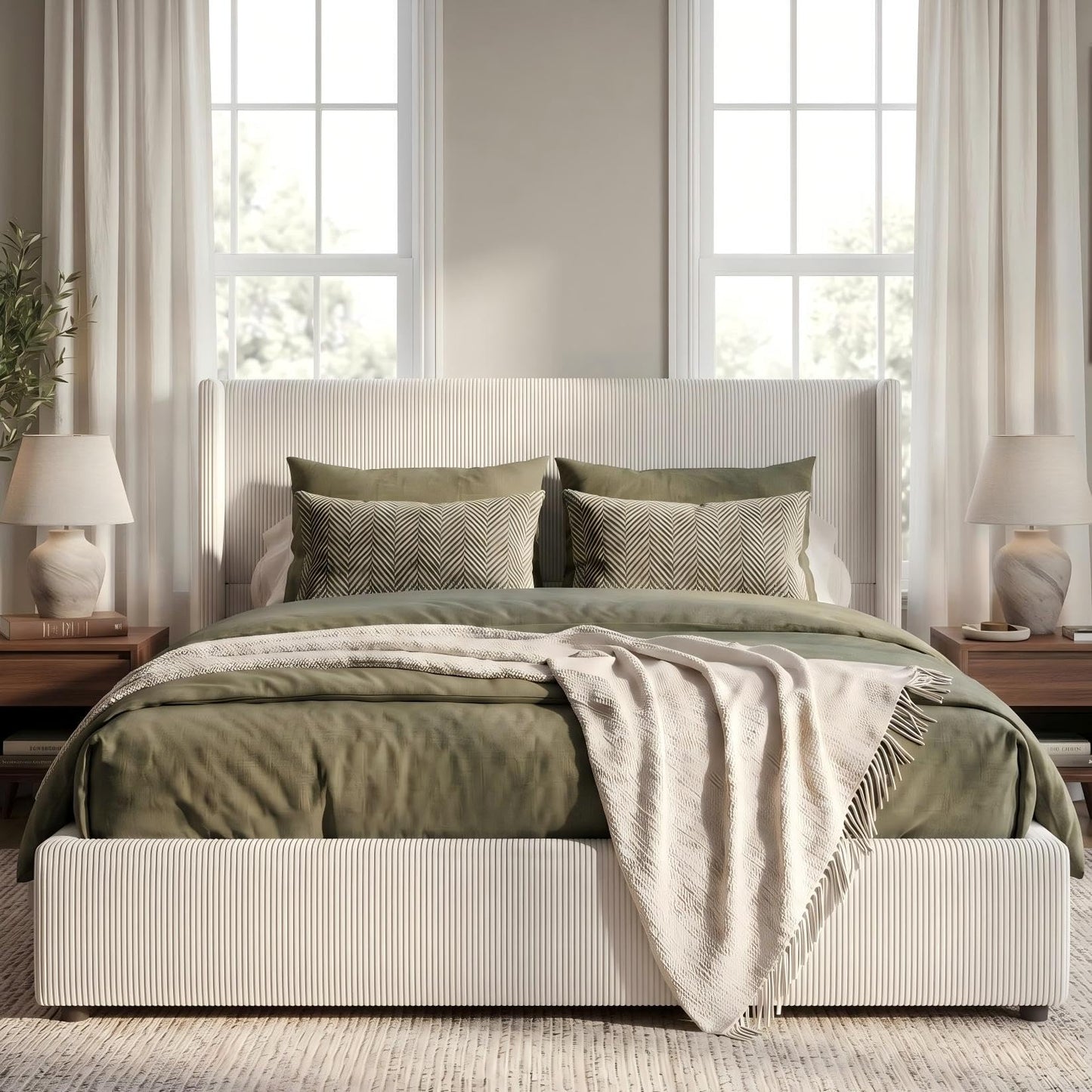Garvee Queen Lift Up Storage Bed Frame, Corduroy Upholstered Platform Bed with Gas Lift, Padded Headboard, Wooden Slat Support, No Box Spring Needed, Easy Assembly, White