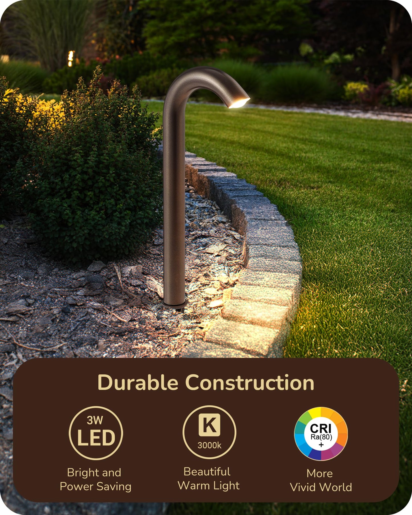 EDISHINE Low Voltage Landscape Lighting, 3W 3000K 200LM, IP65 Aluminum Path Light, Bronze, Model HGSL39B