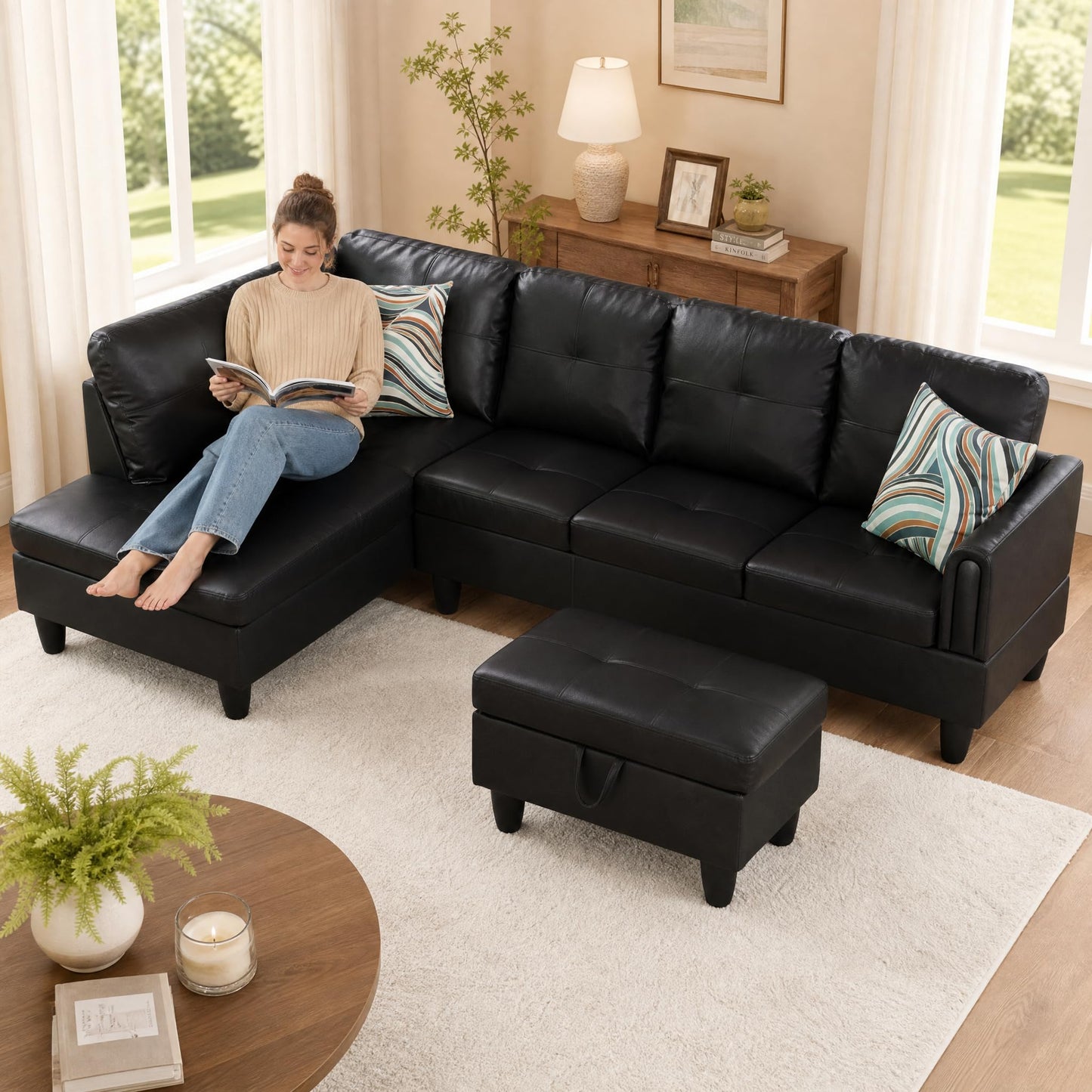 NicBex Sectional Couch 3 Pieces Sofa Set, L-Shaped Modular Couches for Living Room, Furniture Sets with Lounge Chaise & Storage Ottoman, Multi-Scene Use for Apartment & Office, Black