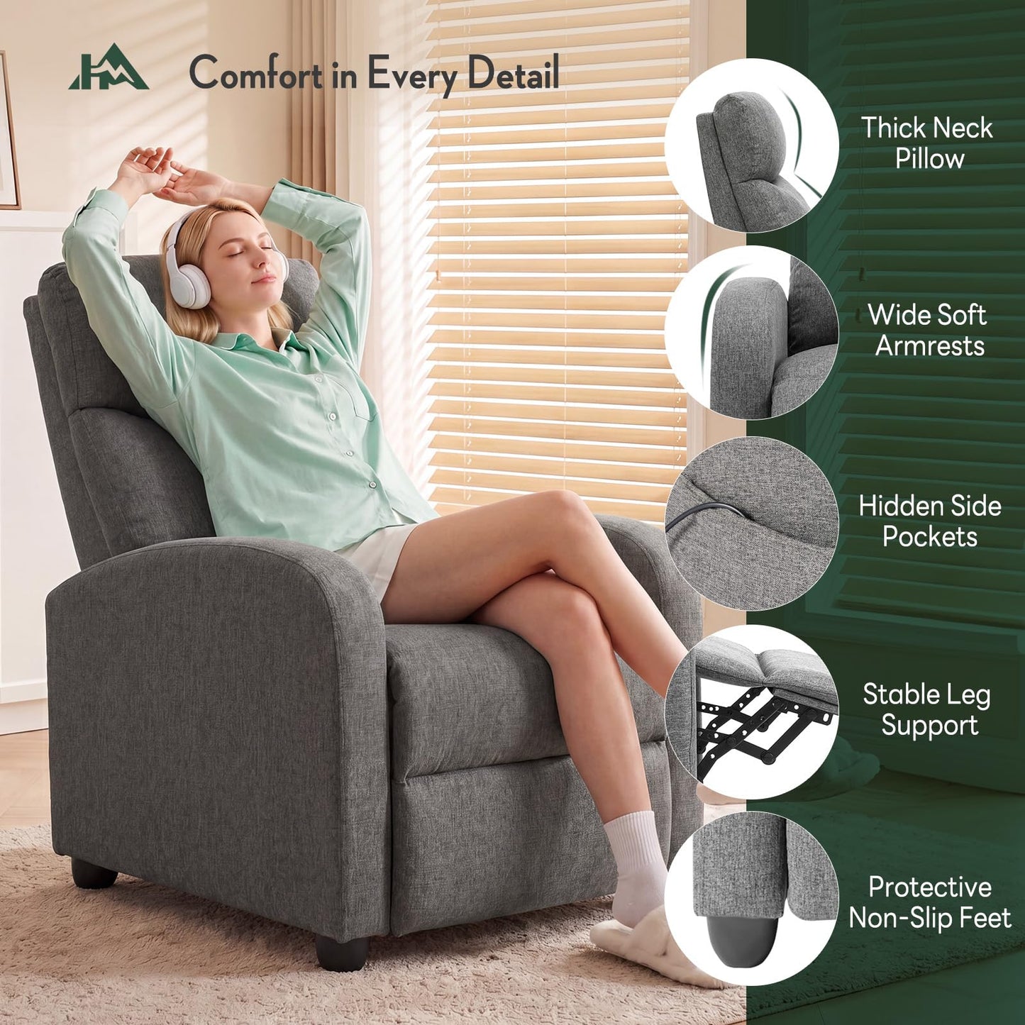 HAPPYMONT Recliner Chair, Recliner Sofa Fabric for Adults, Recliners Home Theater Seating with Lumbar Support, Reclining Sofa Chair for Living Room, Gray