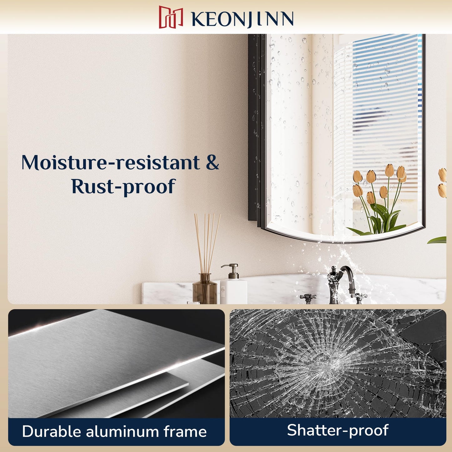 Keonjinn Black Medicine Cabinet with Mirror 20” x 30”, Metal Framed Wall Cabinet with Beveled Mirror, Surface Mount or Recessed Arched Medicine Cabinet for Bathroom,Bathroom Mirror with Storage