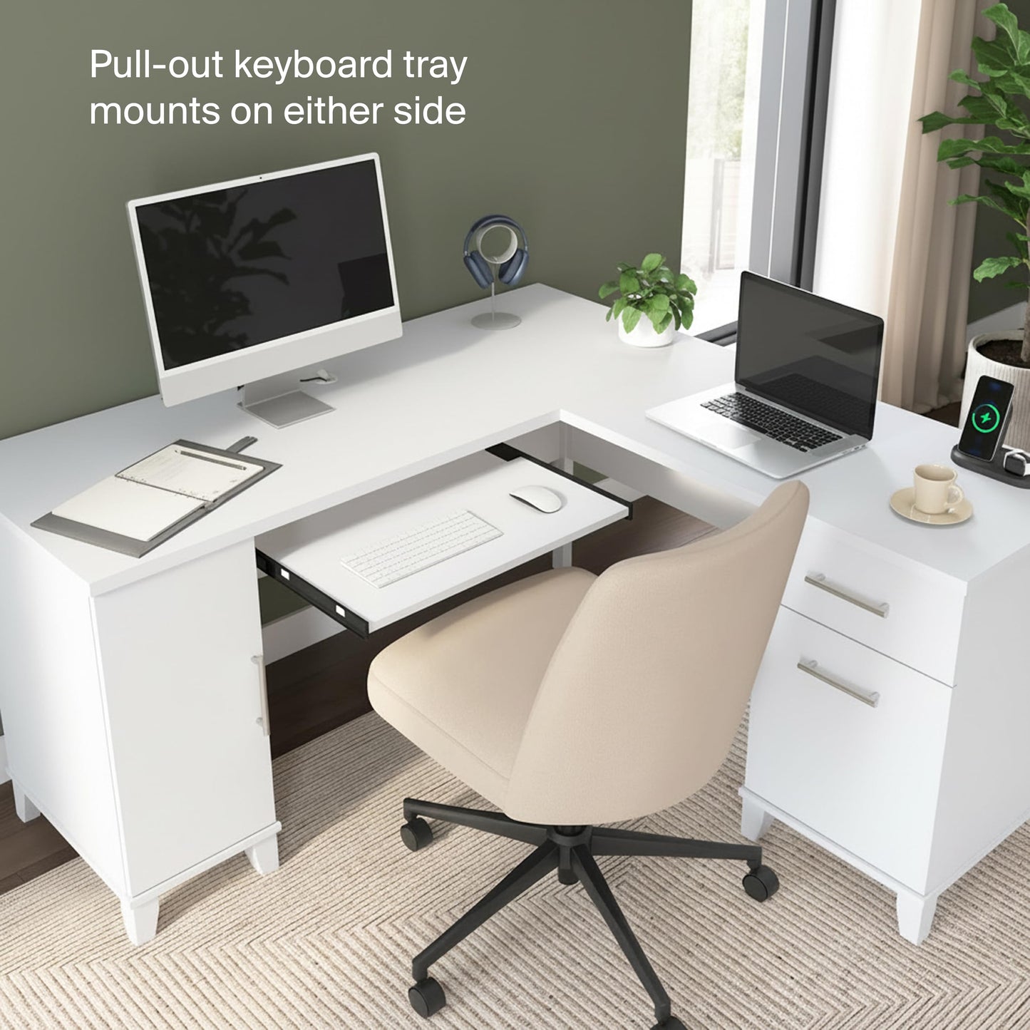 Bush Home 60-Inch L-Shaped Desk with Storage, Corner Computer Office Desk with Drawers and Storage Cabinet, Home Office Furniture, Somerset Collection, White