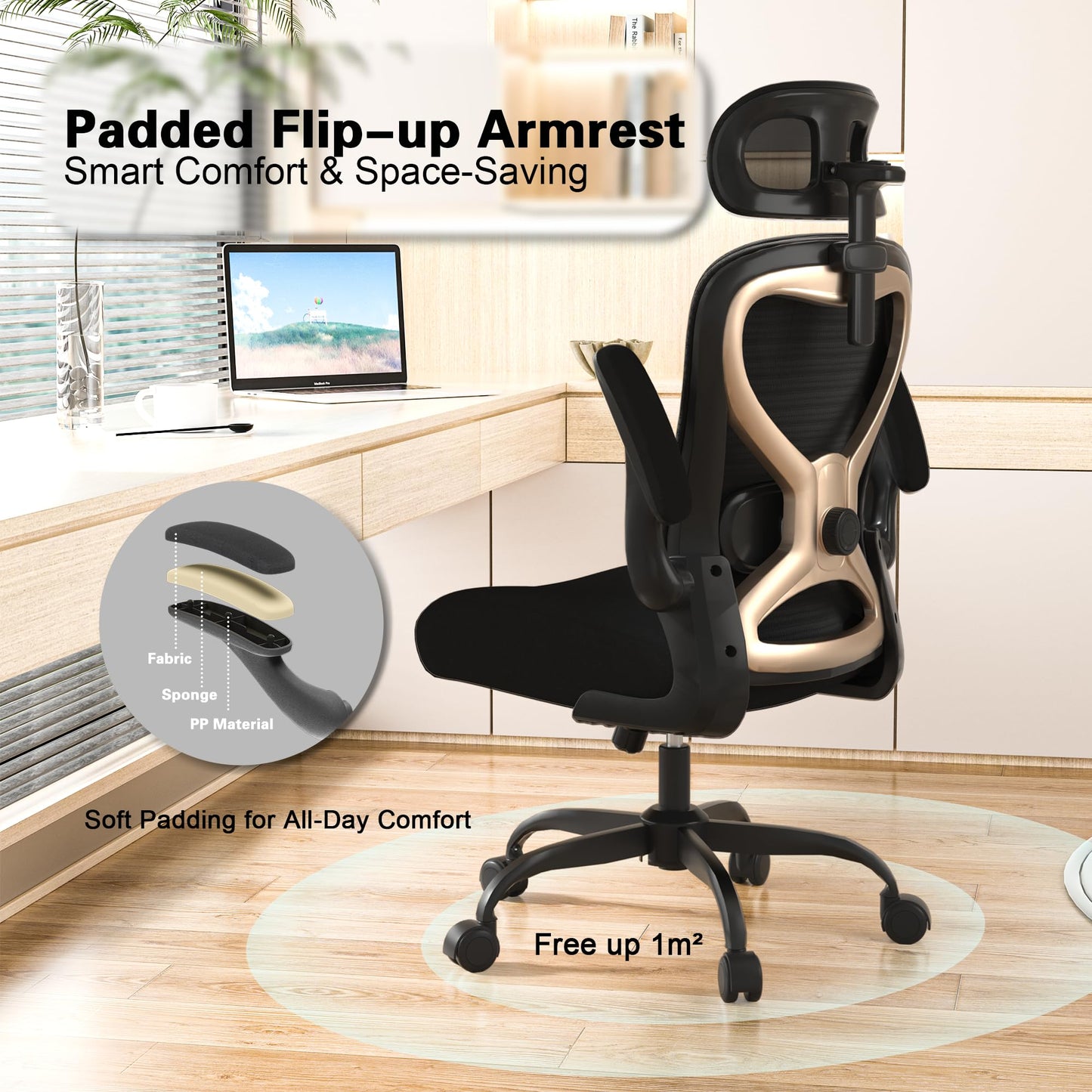 Ergonomic Office Chair, Mesh Desk Chair with Headrest, Lumbar Support, Thick Seat Cushion, Flip-up Arms, High Back Computer Task Chairs for Home Office, Black/Gold