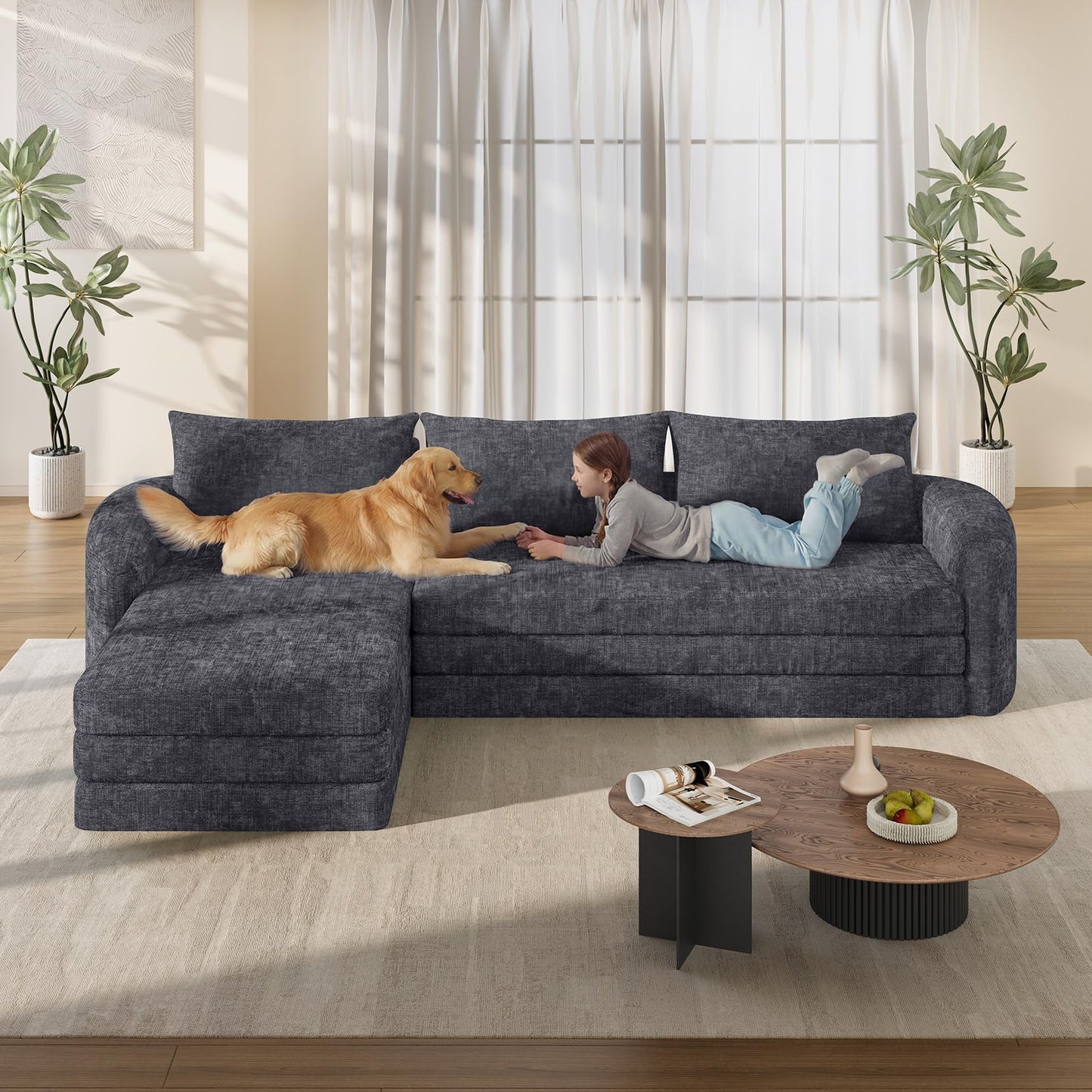Vesgantti 110.2" Modular Sectional Sofa with Curved Armrest, 6 in 1 Convertible Folding Sleeper Sofa Bed, Chenille Boneless Couch for Living Room, No Assembly Required, Blue, Left Facing Chaise