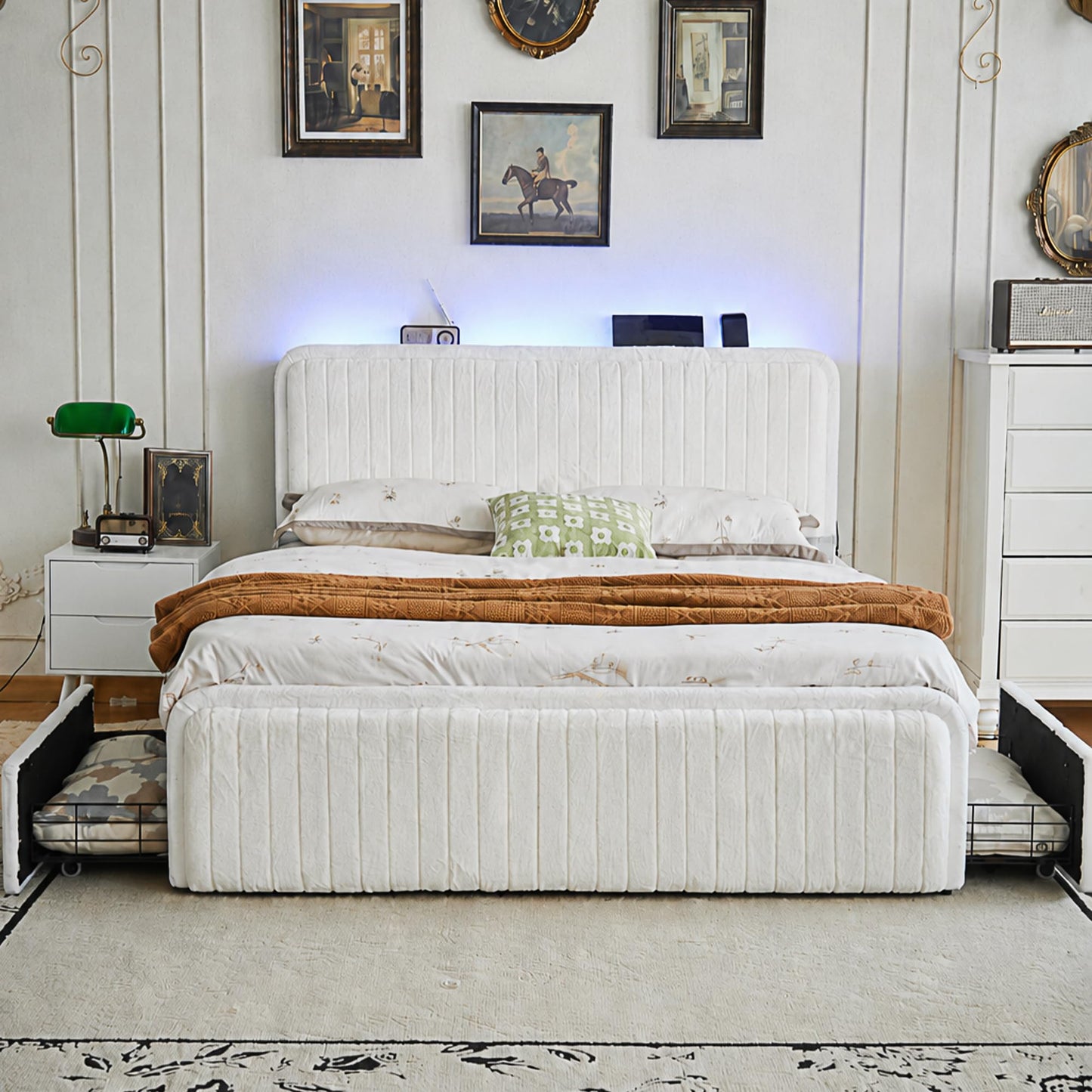 Queen Bed Frame with 2 Storage Drawers & Headboard, Upholstered Platform Bed Frame Queen Size with LED Lights & Charging Station, Metal Slats Support, No Box Spring Needed, Noise Free, Easy Assembly