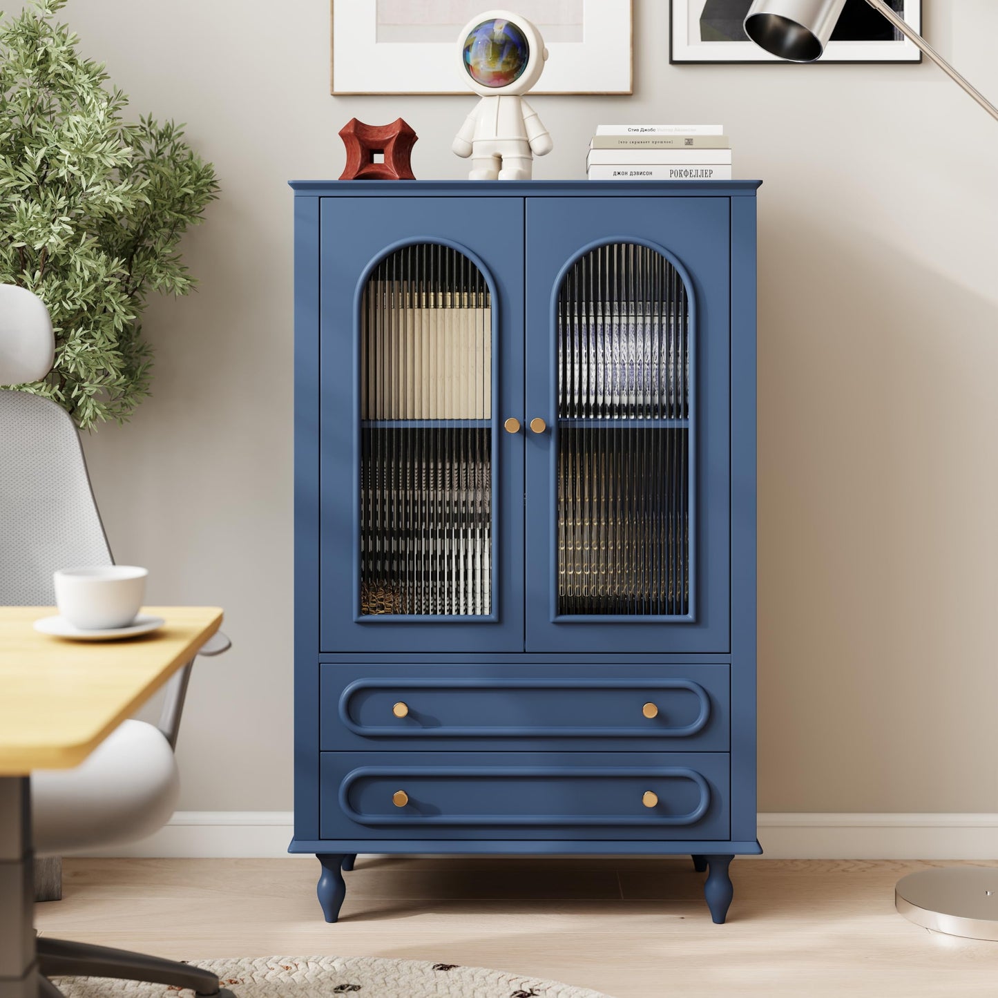 KEIKI Glass Display Cabinet with Ribbed Glass Doors, 46.5" Wooden Curio Cabinet with 2 Drawers & Adjustable Shelf, Freestanding Buffet Storage Unit for Living Room Dining Room Entryway, Blue