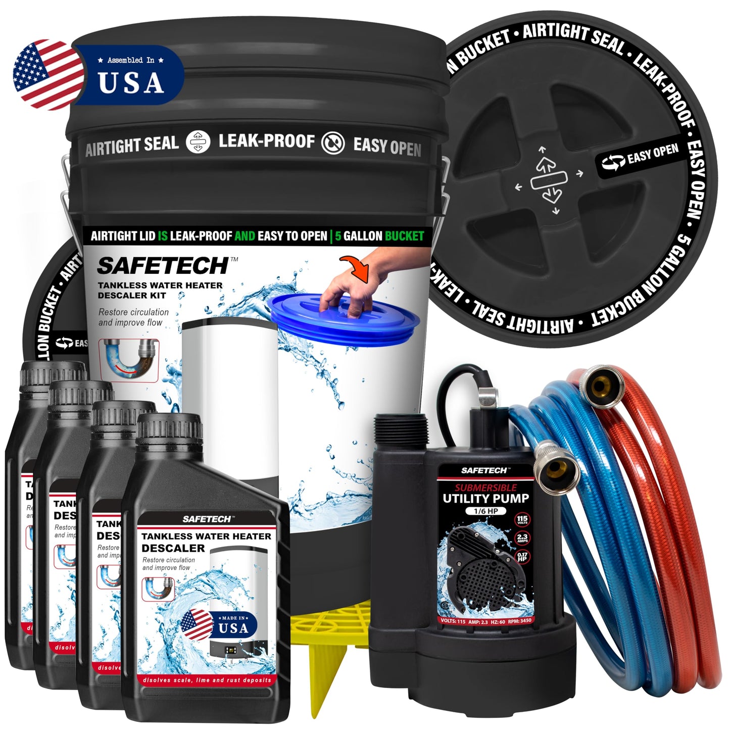 Safetech Tankless Water Heater Flushing Kit with 5-Gallon Screw-Top Lid, Premium Hoses, 1/6 HP Utility Pump, 4 Quarts Descaler, and Pump Grate