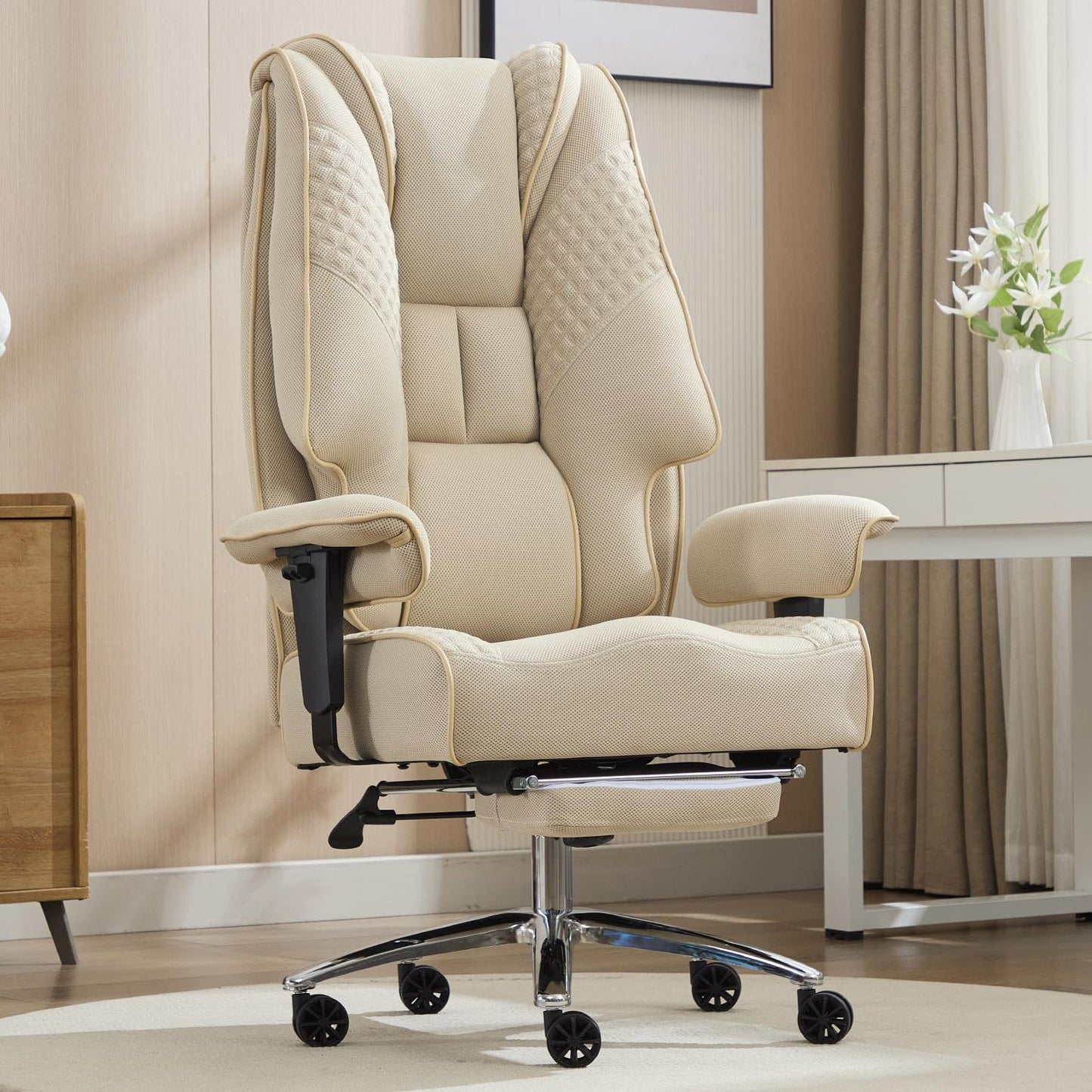 EXCEBET Big and Tall Office Chair 400lbs Wide Seat, Leather High Back Executive Office Chair with Lumbar Support, Ergonomic Chairs Padded Armrests & Thick Cushion (Mesh Beige)