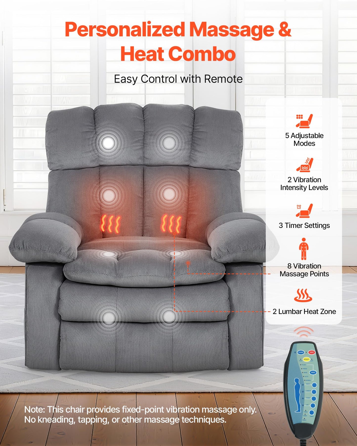VEVOR Oversized Power Lift Recliner Chairs, Dual Motor Lift Chair with Heat and Massage for Elderly, Position Adjustable, with Side Pockets, Cup Holders and USB Port, Chenille Fabric, Light Gray