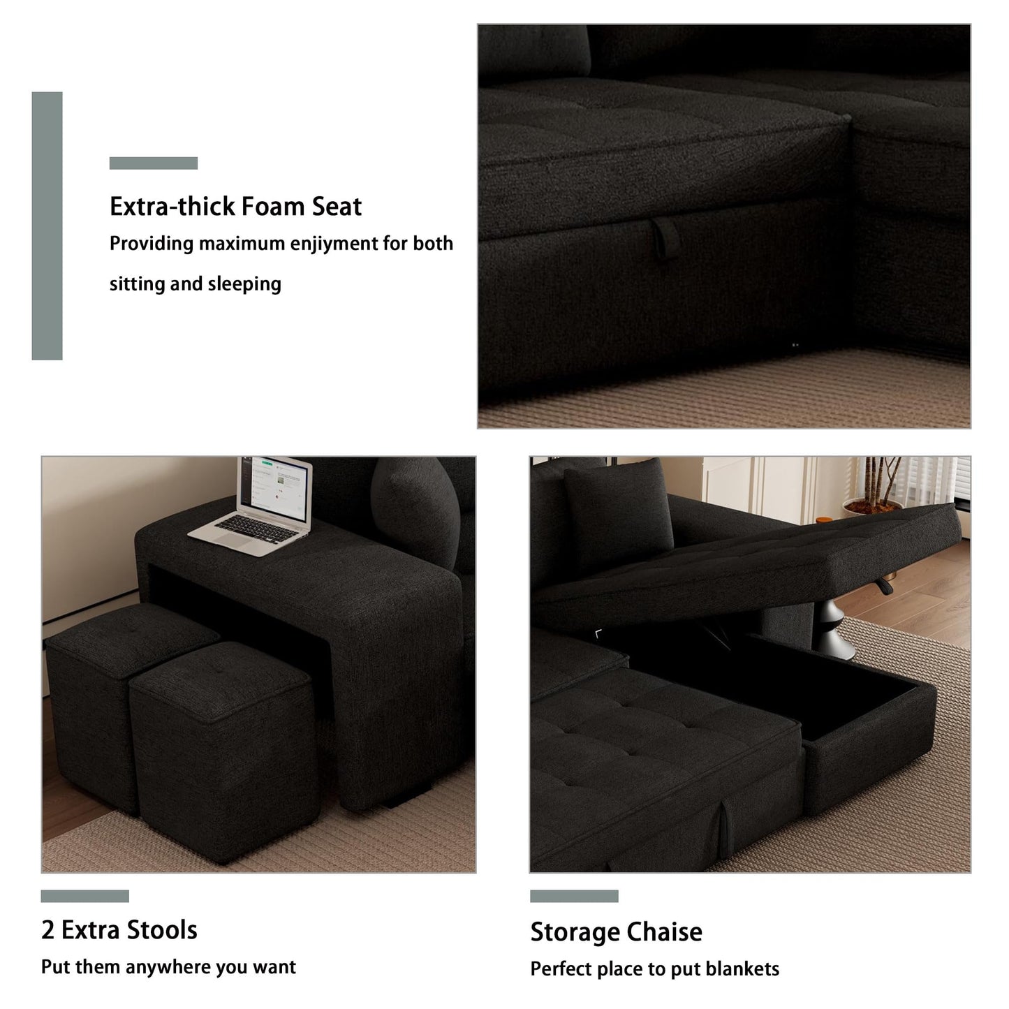 Eafurn 104.5" Reversible Sleeper Sectional Sofa Bed, Tufted L Shaped Convertible Pull Out Sectional Sofa Bed with Storage Chaise Lounge and 2 Stools for Living Room Apartment