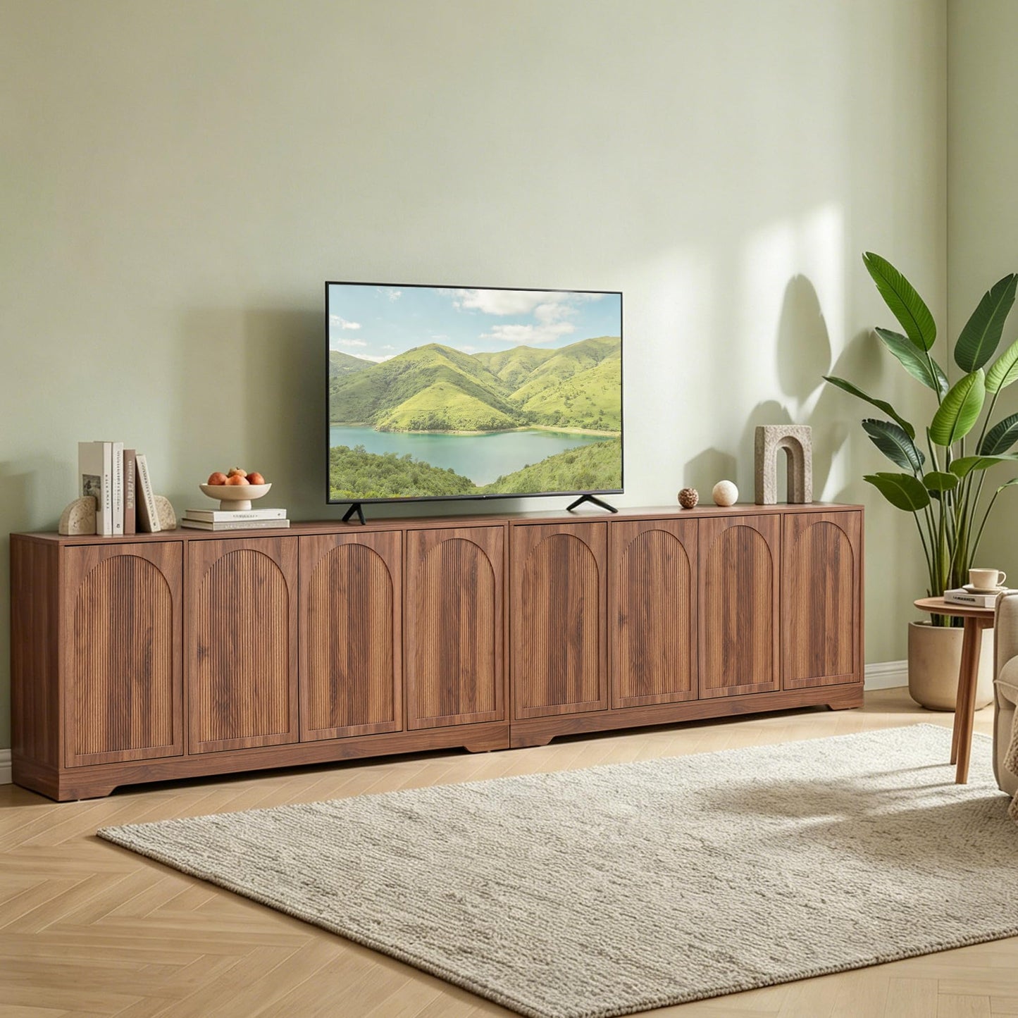 Bifins 62.2 Inch TV Stand for TVs up to 70 Inches, Tall Entertainment Center Cabinet with 4 Fluted & Arched Doors and Cable Management for Living Room Bedroom, Walnut