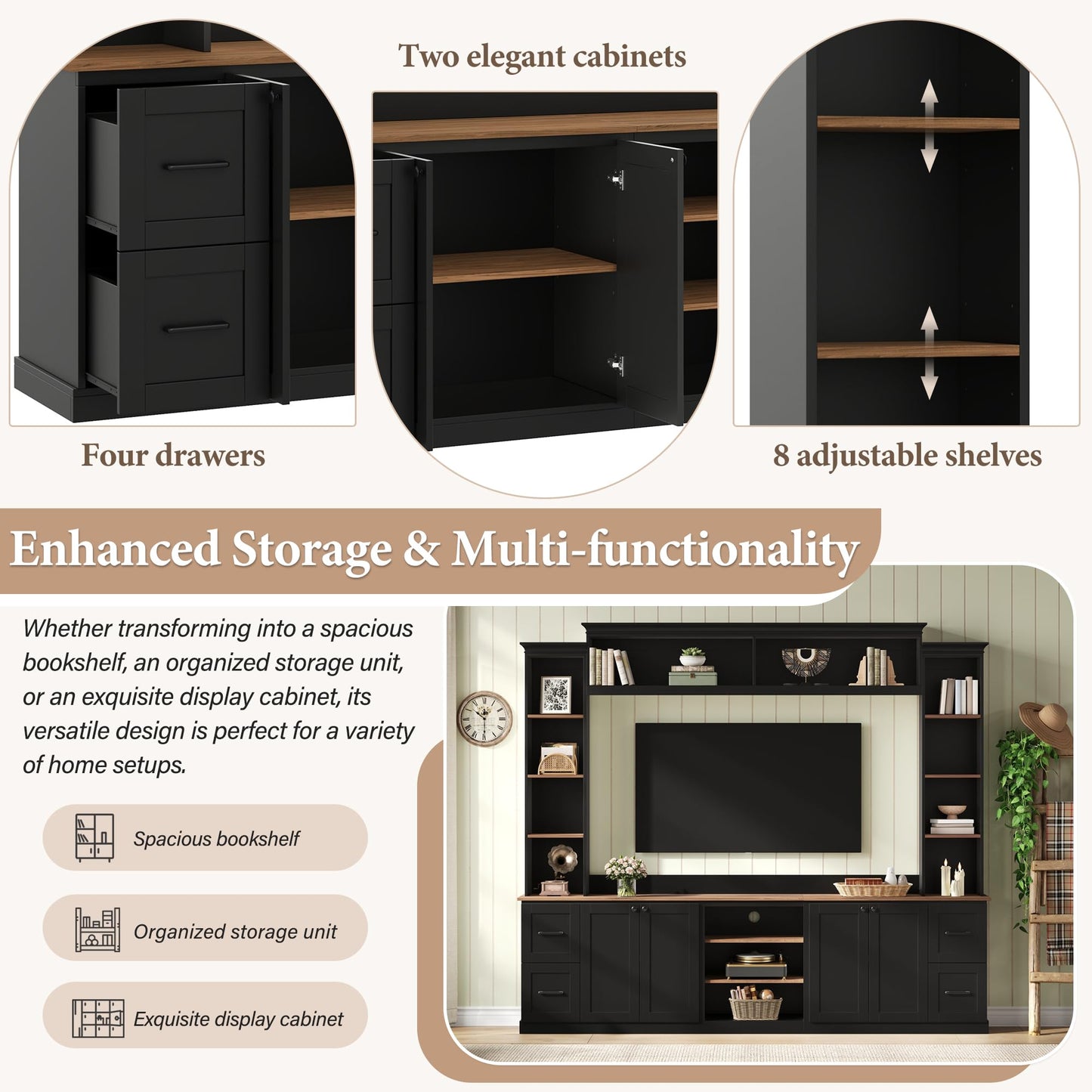 Merax 4-in-1 Wall Unit Entertainment Center with Bookshelf for TVs Up to 70", Farmhouse Large TV Stand with Walnut Adjustable Shelves, Elegant Retro Media Console with Drawers for Living Room, Black