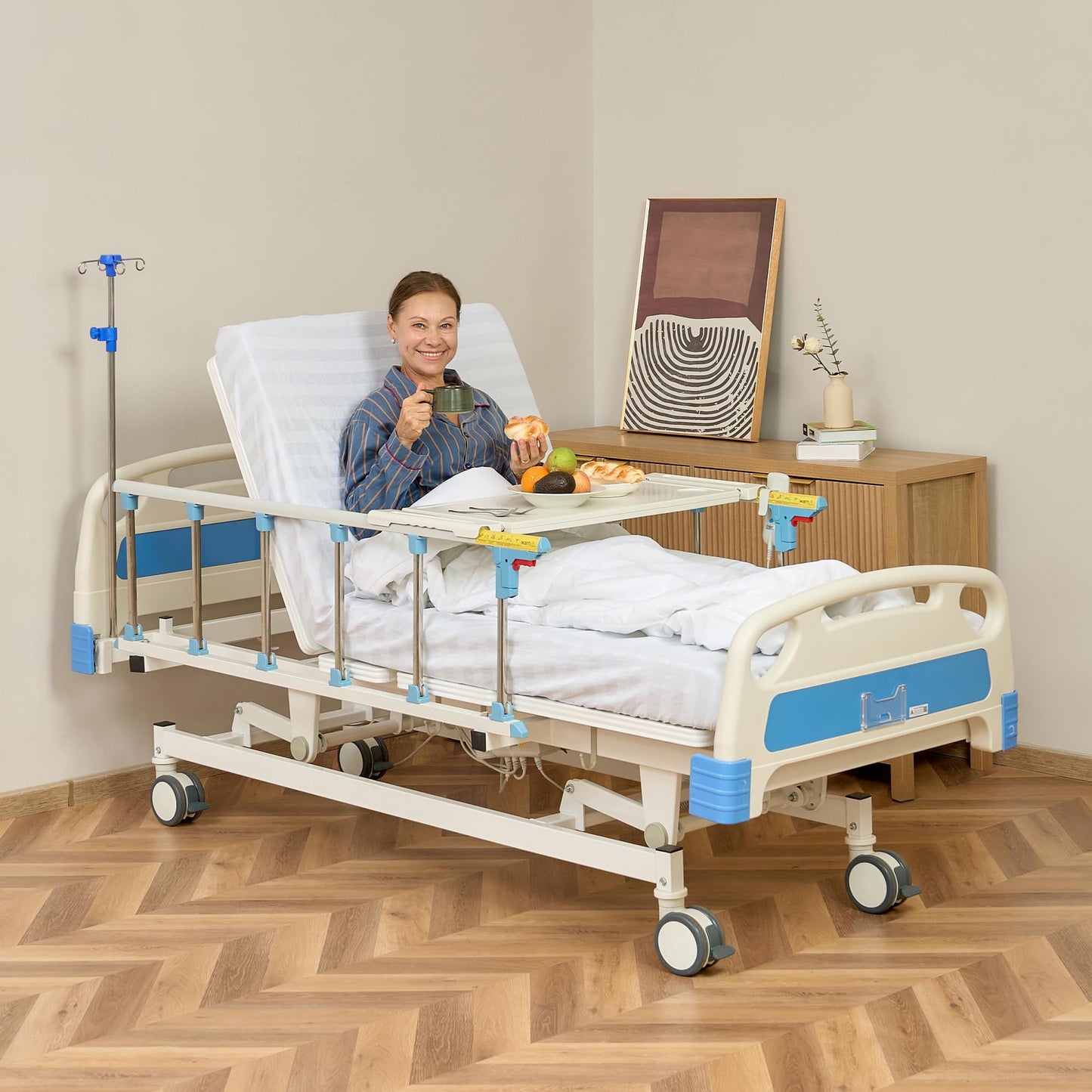 Real Relax Premium 3 Function Full Electric Hospital Bed (with Mattress & IV Pole), Premium Medical Hospital Beds, with Locking Casters, Motor, 530LBS Loading, Includes Sheets (2X)