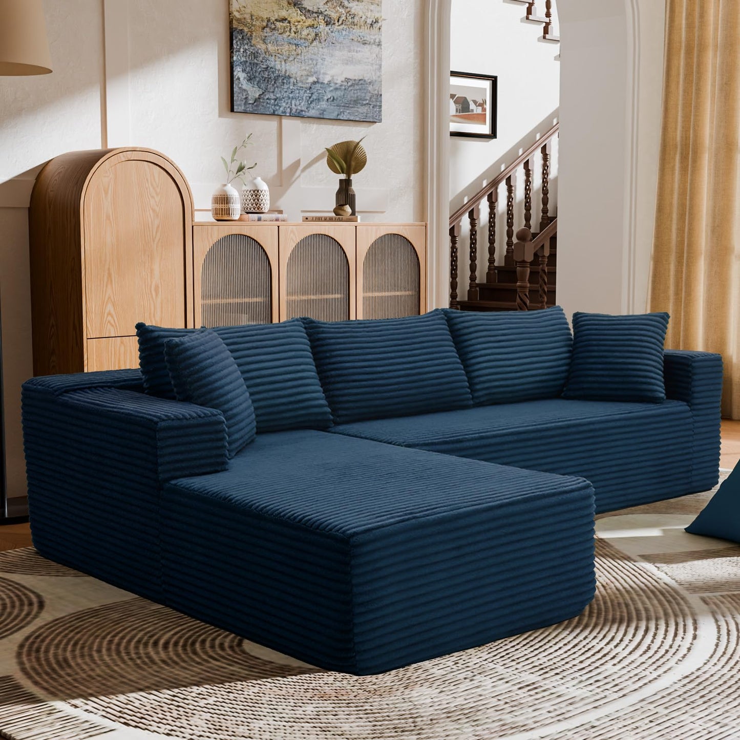 TRUNBACK 106" Modular Sectional Sofa, Blue Corduroy Cloud Couch with Right Chaise, Deep Seat Boneless Floor Sofa for Living Room, High-Resilience Foam Support, No Assembly Required, Includes Pillows
