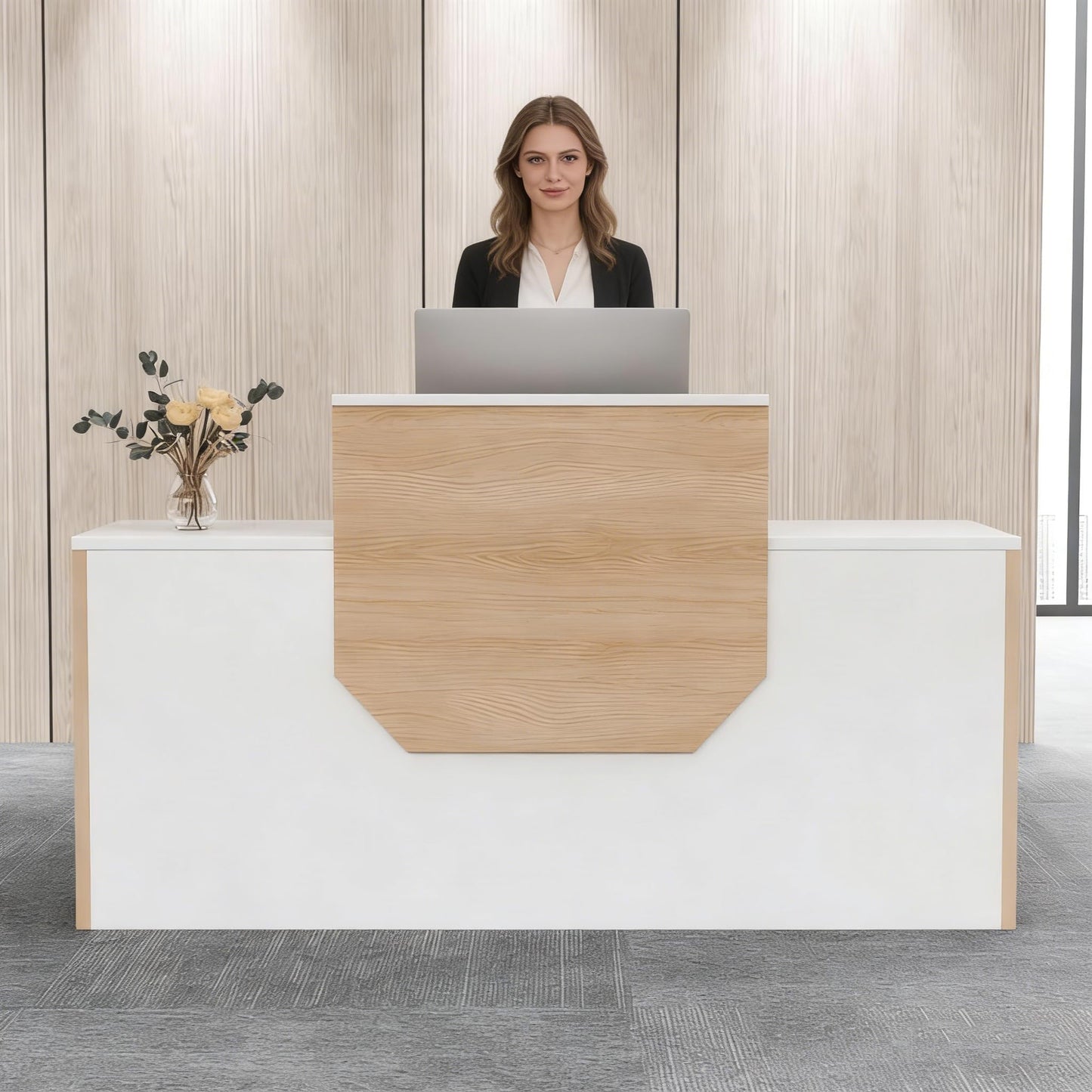 JFazzruit Reception Desk with Counter,63" Front Reception Counter with Cable Grommet and Storage Cabinet, Wooden Receptionist Desk with Drawers for Office, Salon, Retail & Lobby Checkout(White)