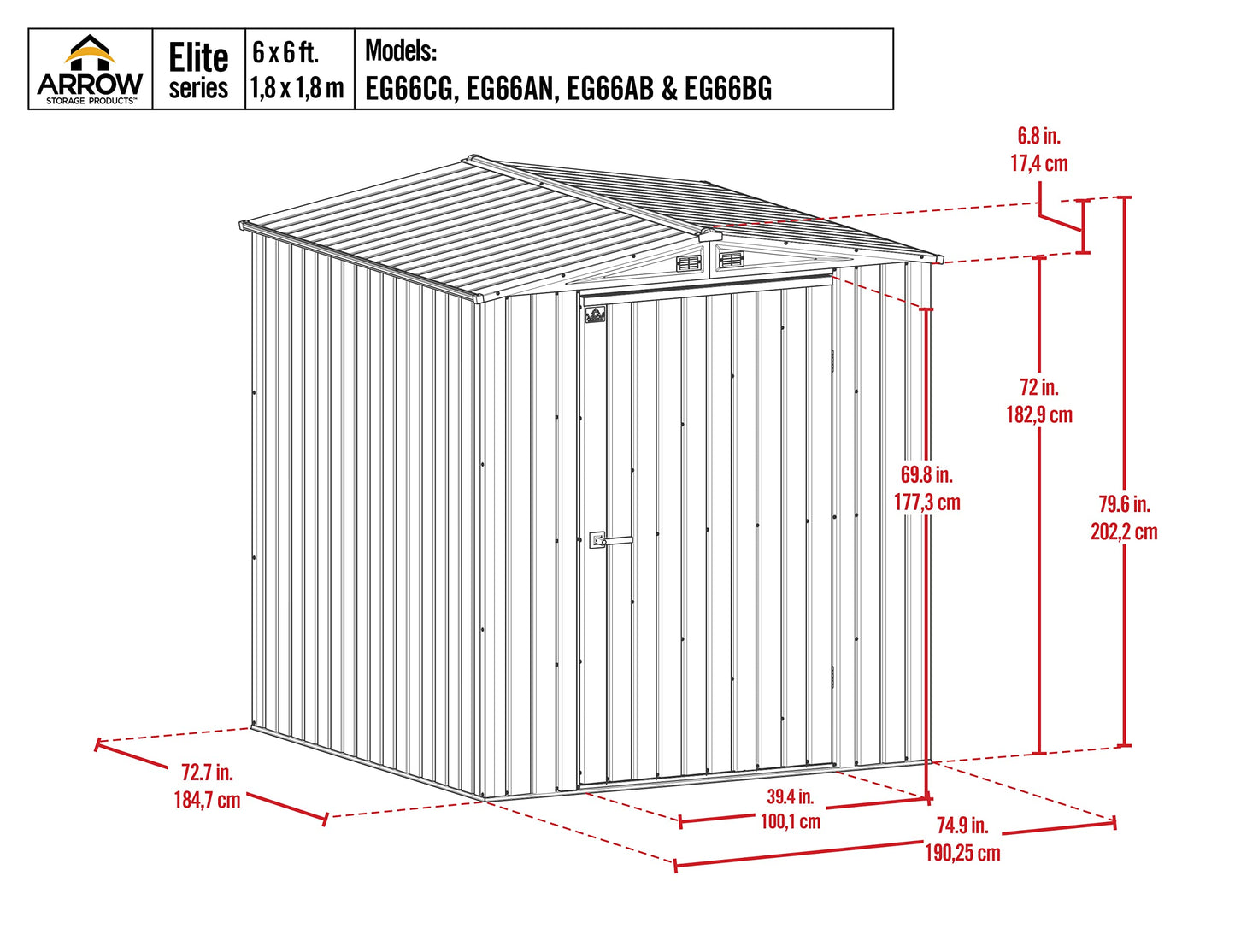 Arrow Shed Elite 6' x 6' Tall Outdoor Steel Storage Shed with High Gable and Lockable Doors Storage Building, Anthracite