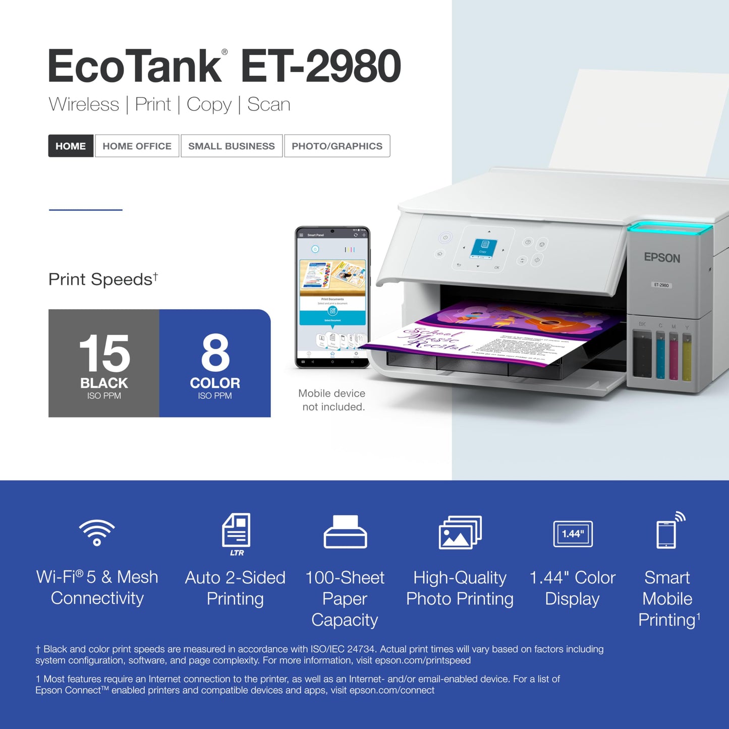 Epson EcoTank ET-2980 Wireless All-in-One Color Supertank Printer with Refillable Ink Tanks, 3 Years of Ink, Mobile Printing, 15 PPM, Color Touchscreen, Auto 2-Sided, White