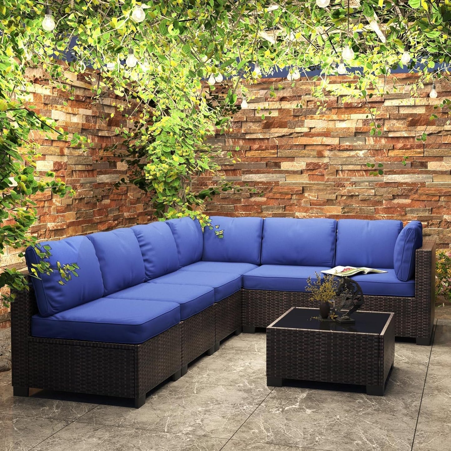 6 Piece Sectional Rattan Sofa with Glass Top Coffee Table, Patio Rattan Conversationr Sofa Set, All Weather Outdoor Patio Furniture Set and Chairs, Poolside, Garden, Porch