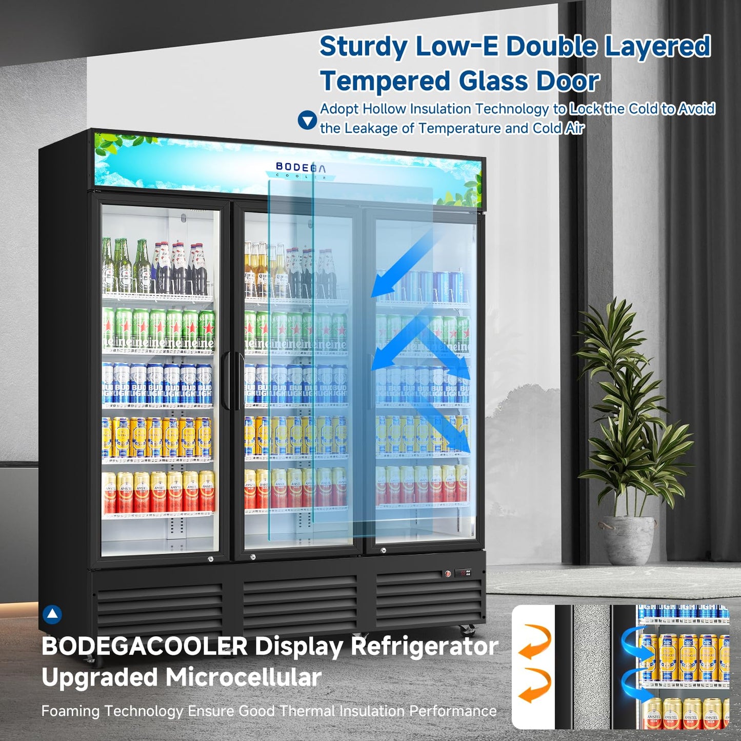 BODEGACOOLER 67.3“W 53 Cu. Ft Commercial Beverage Refrigerator,3 Glass Door Merchandiser Cooler, Display Refrigerator with LED Lighting, Adjustable Shelves, Temperature Control, Heavy-Duty Casters