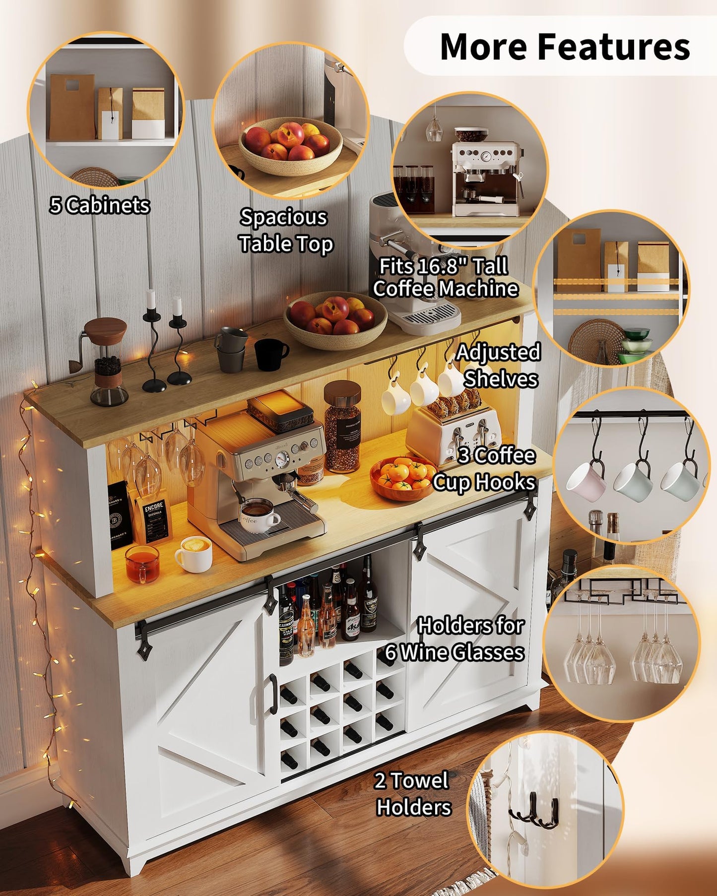 Farmhouse Coffee Bar Cabinet with Power Outlet & LED Lights,55" Sliding Barn Door Buffet with Removable Wine Rack & 2-Tier Drawers, Multi-Functional Storage Cabinet for Kitchen, Dining or Living Room