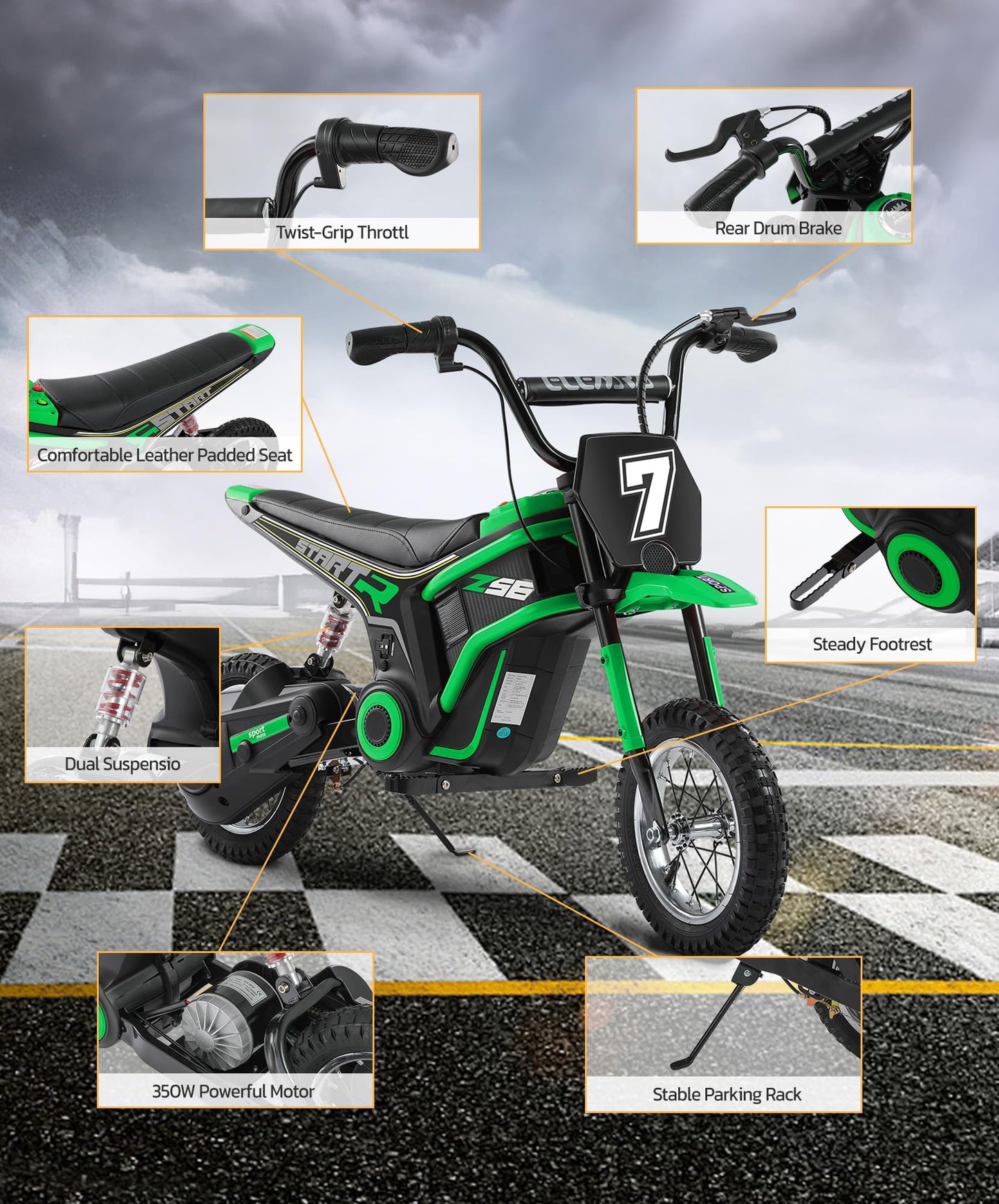 ELEMARA Electric Dirt Bike,350W Motorcycle 24V Ride on Toy for Big Kids w/LED Power Display,15.5 mph & 150lb Max,3 Speeds,Chain-Driven Motor,Twist-Grip Throttle&Brake Lever,12" Air-Filled Tires-Green