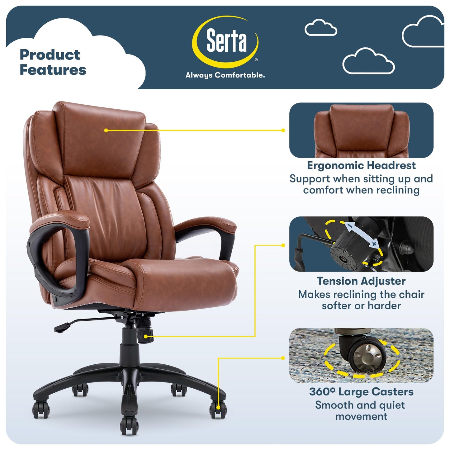 Serta Garret Executive Office Chair, Ergonomic Mid-Back with Lumbar Support, Semi-Plush Cushion and Body Pillows, Padded Armrests, Swivel Base, Bonded Leather, Cognac