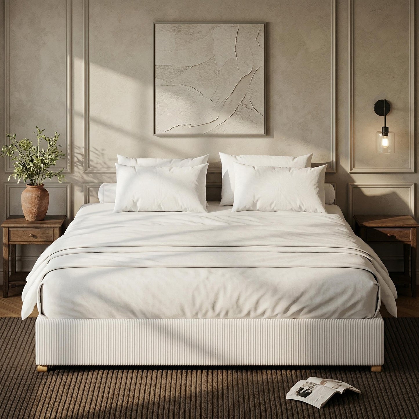 Queen Size Cloud Bed Frame,Upholstered Platform Bed with Solid Wood Legs, Corduroy Low Bed Frame for Bedroom,No Fixed Headboard, No Box Spring Needed,Noise Free, Easy Assembly,White