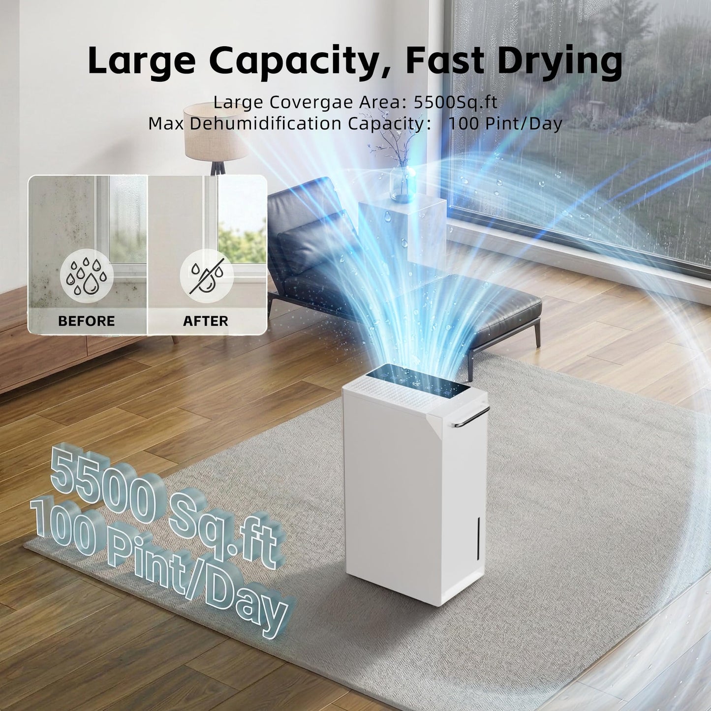 Uthfy 5500 Sq.Ft Dehumidifiers for Home and Basement, Max 100 Pint/Day Dehumidifier with Drain Hose, 24 H Timer & Child Lock, LED Panel, Ultra Quiet, whole house dehumidifiers for home, Bedroom