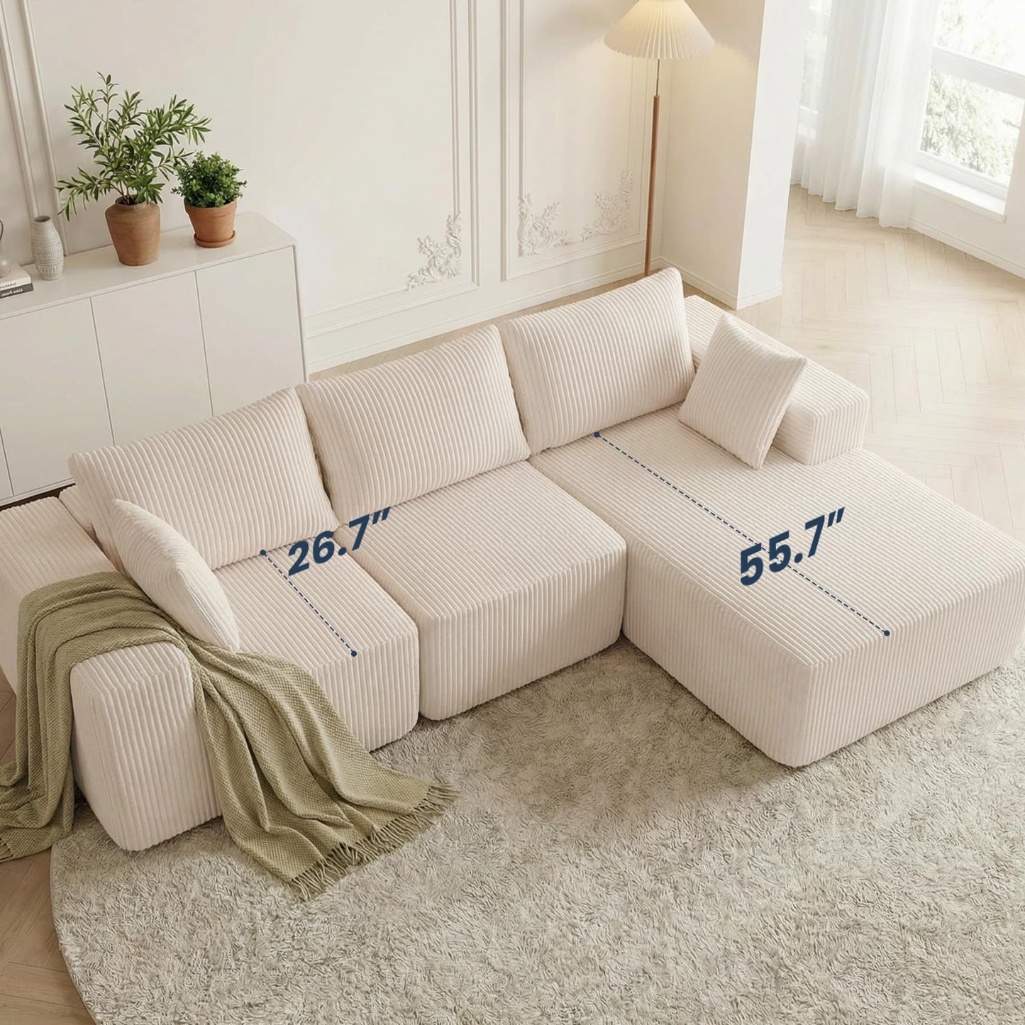 DUMOS 108" Boneless Couch, Cloud Sectional Couch with L-Shape Chaise, Modular Sectional Sofa with Deep Seat, Fluffy Couch for Living Room Bedroom, No Assembly Required, Beige, Right Facing Chaise