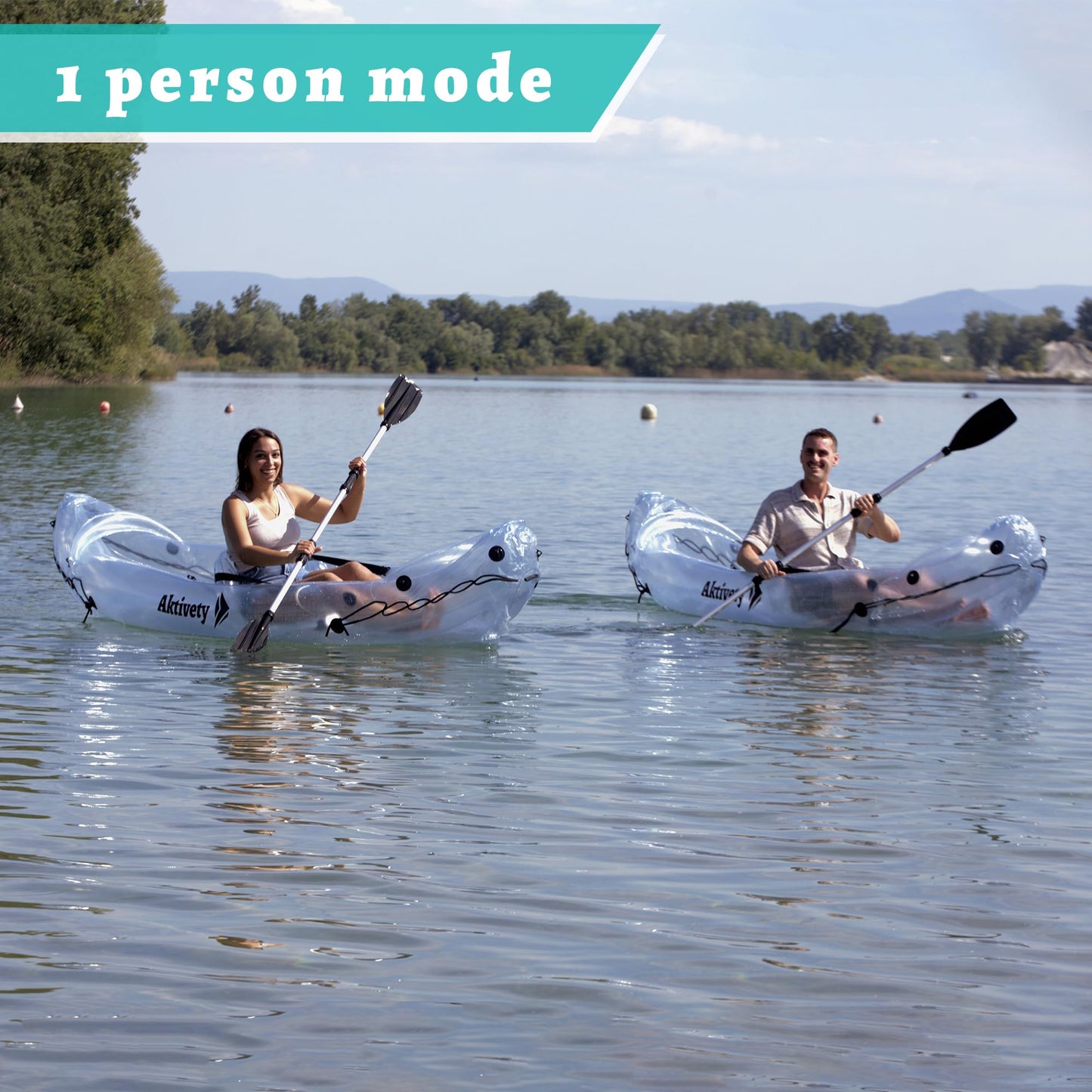 AKTIVETY - Clear Kayak - Transparent 2-Seater Inflatable Tandem for Two Adults - See-Through Style - Complete Set with Adjustable Seats, Pump, Paddles, Carry Bag & Tracking Fin