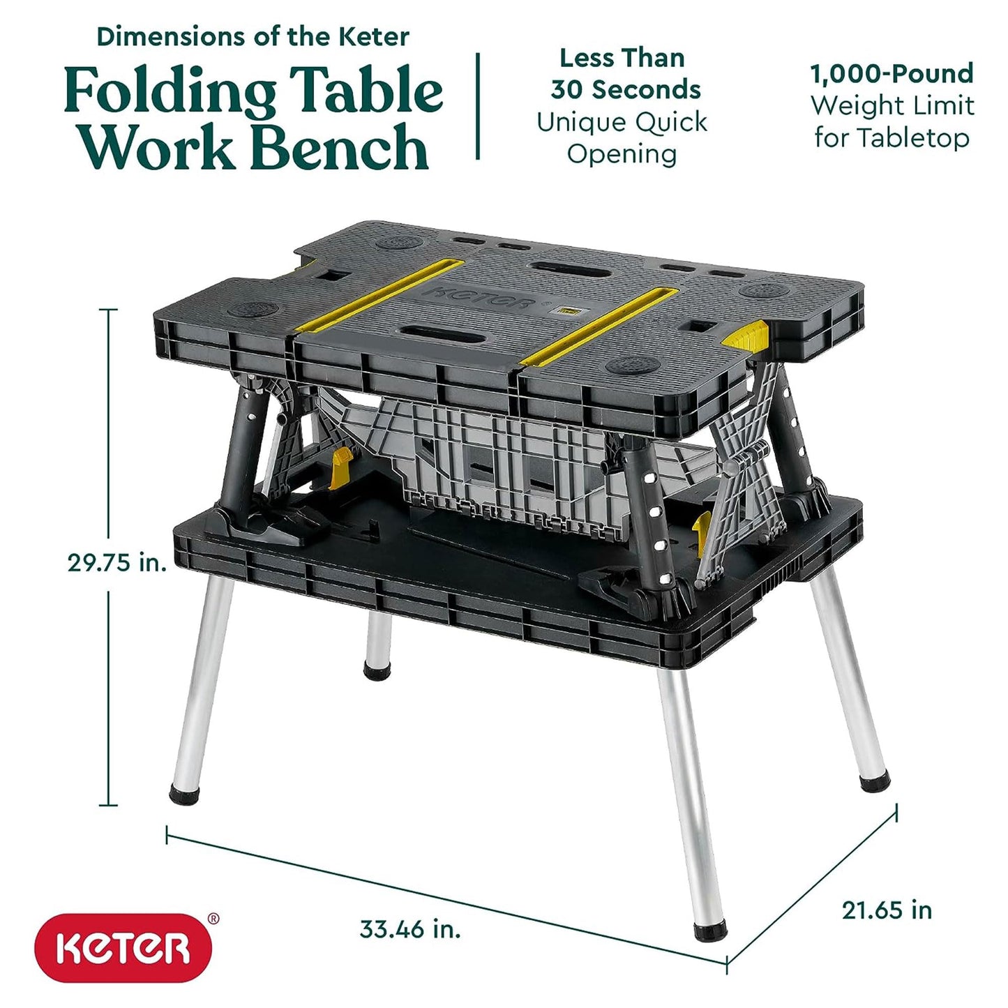 Keter Folding Portable Table Tool Stand Workbench with 2 12" Wood Clamps for Miter Saws, Home Improvement, and Construction, Black & Yellow (2 Pack)